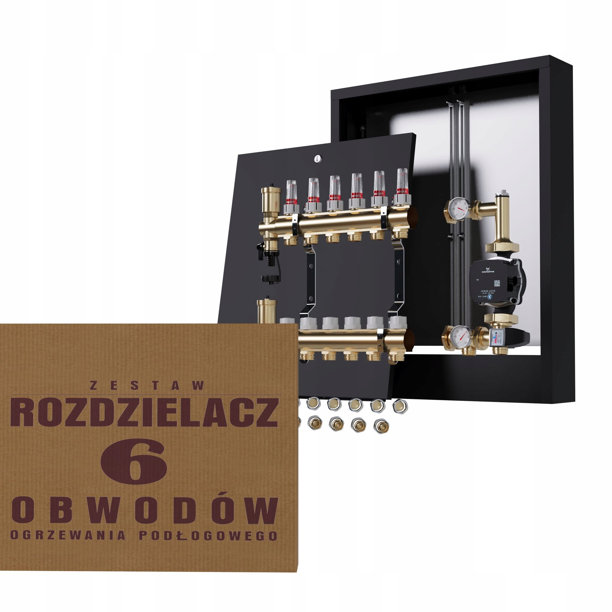 Rozdělovač pro podlahu 6 s spojkami, čerpadlo Grundfos nástěnná černá barva