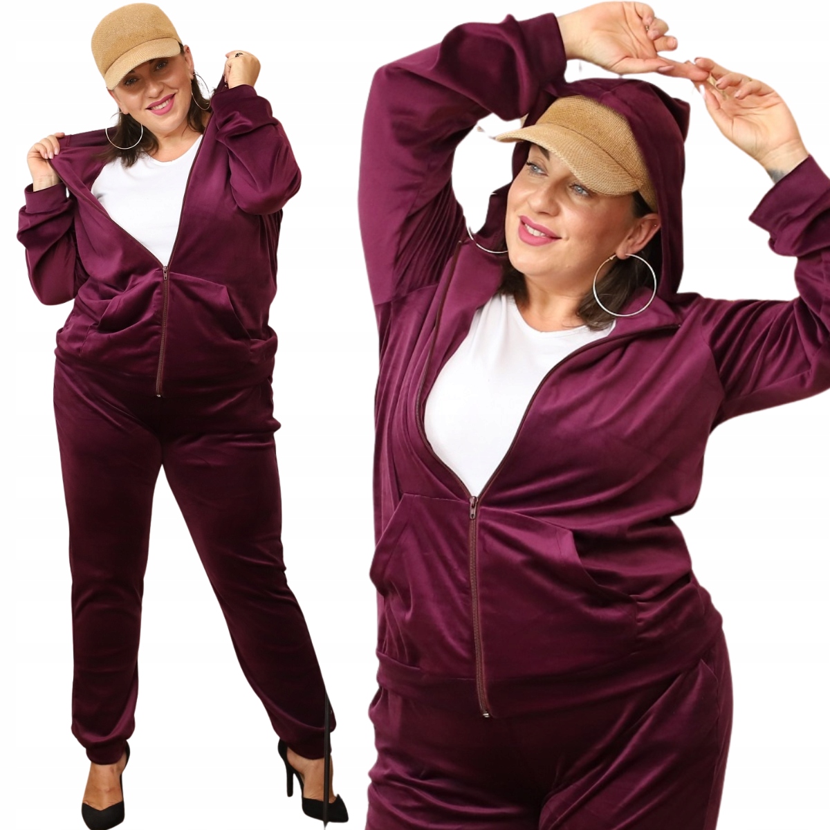 Velurová teplákovka dámská mikina na zip s kapucí 8216 Plus Size bordo XXL