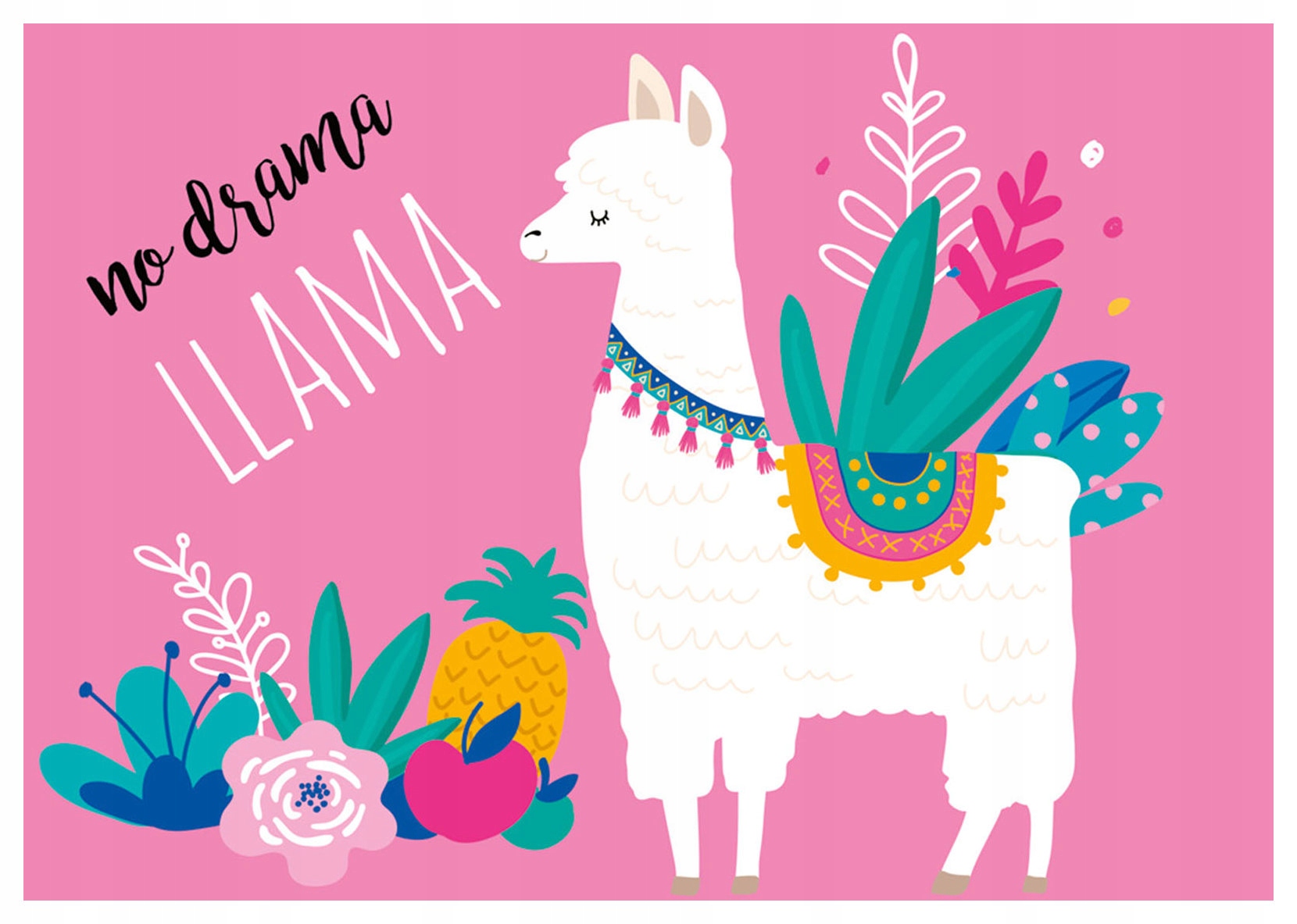 Tapeta Lama No Drama Růžová, veselá ilustrace do dětského pokoje 350x250