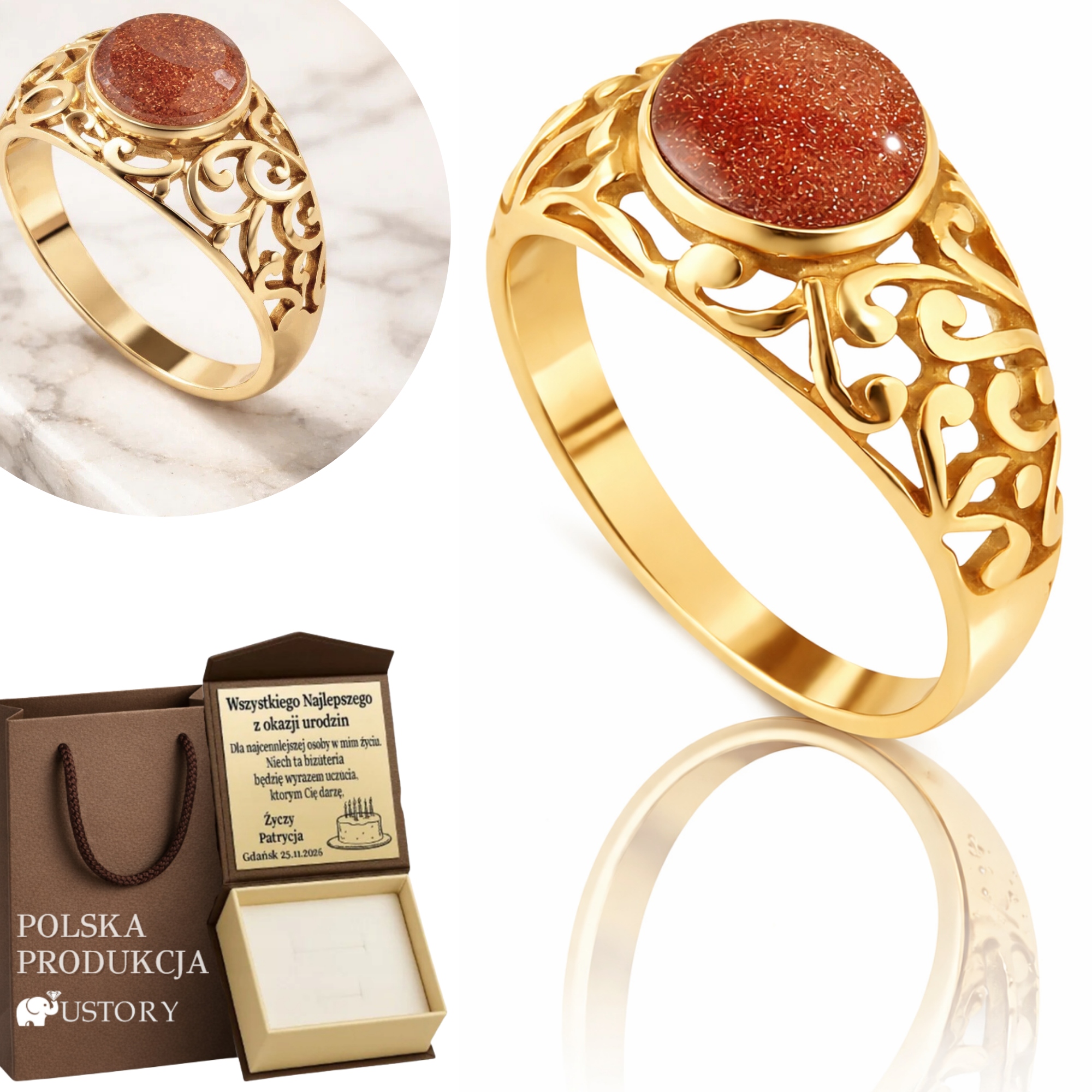 Złoty Pierścionek Z Dużym Kamieniem Piasek Pustyni Retro Pozłacany 925/585