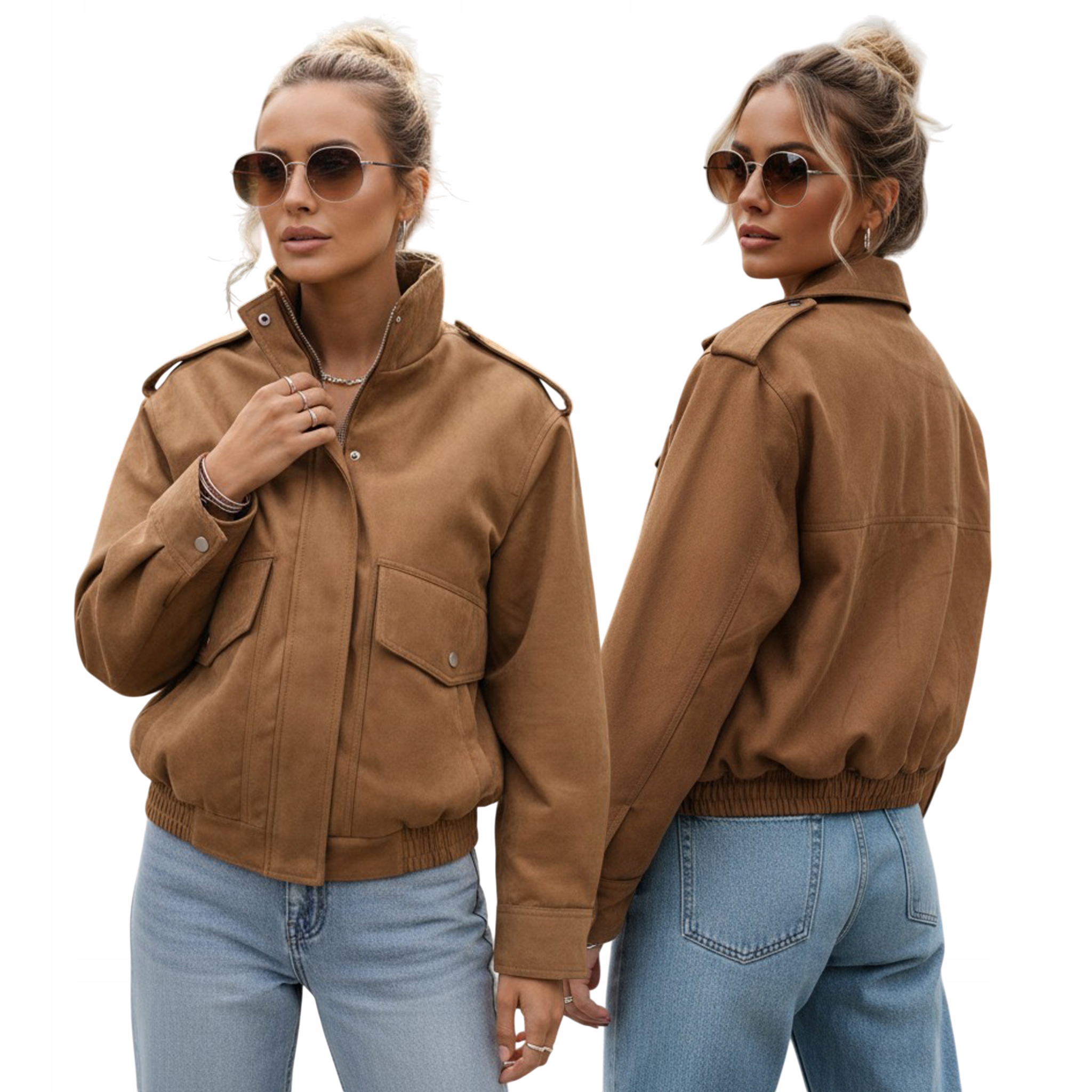 Kurtka damska zamszowa z wysokim kołnierzem bomberka kamelowa ty5572 L