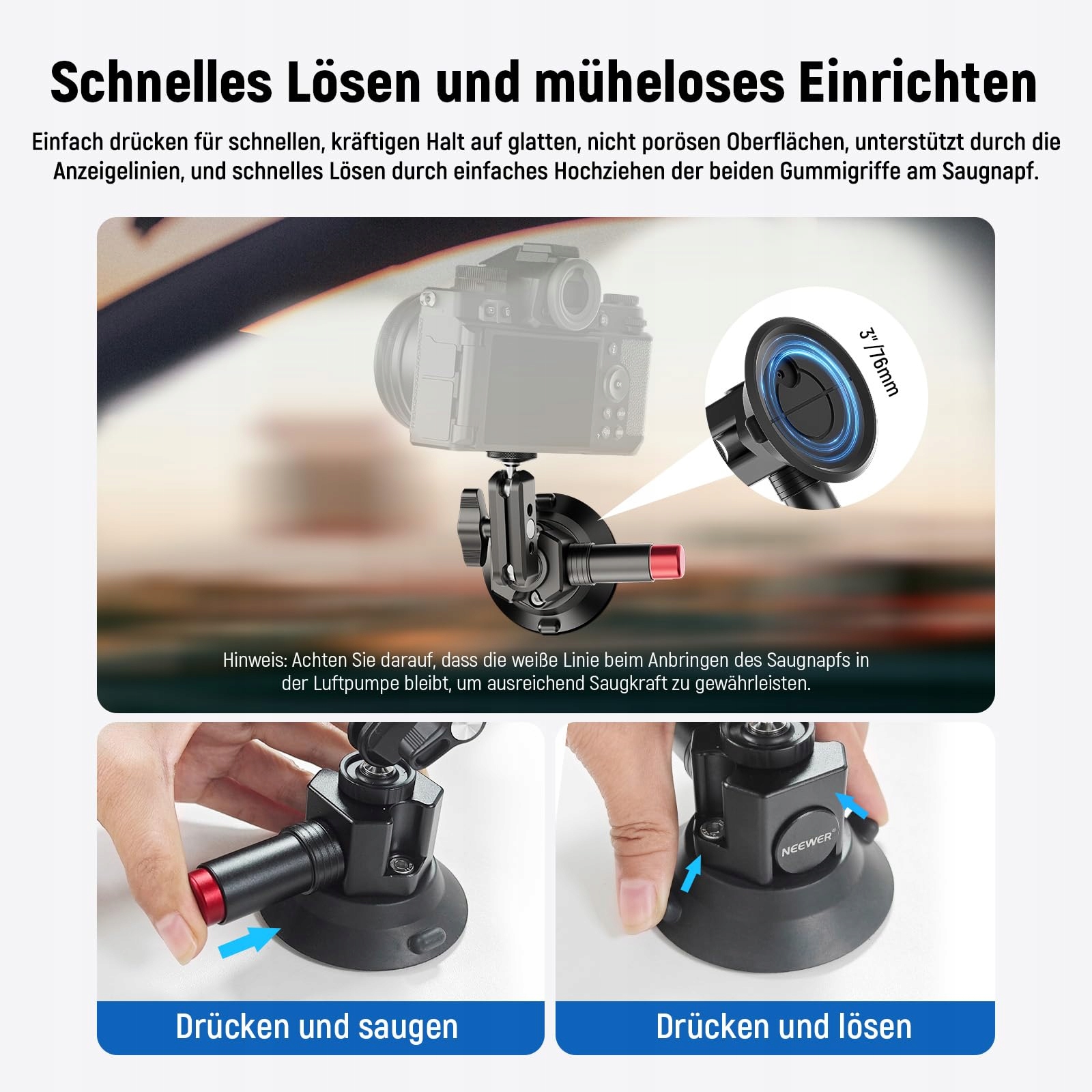 NEEWER Uchwyt Kamery 3" Z Przyssawką Magic Arm i Adapterem GoPro — miniatura 4