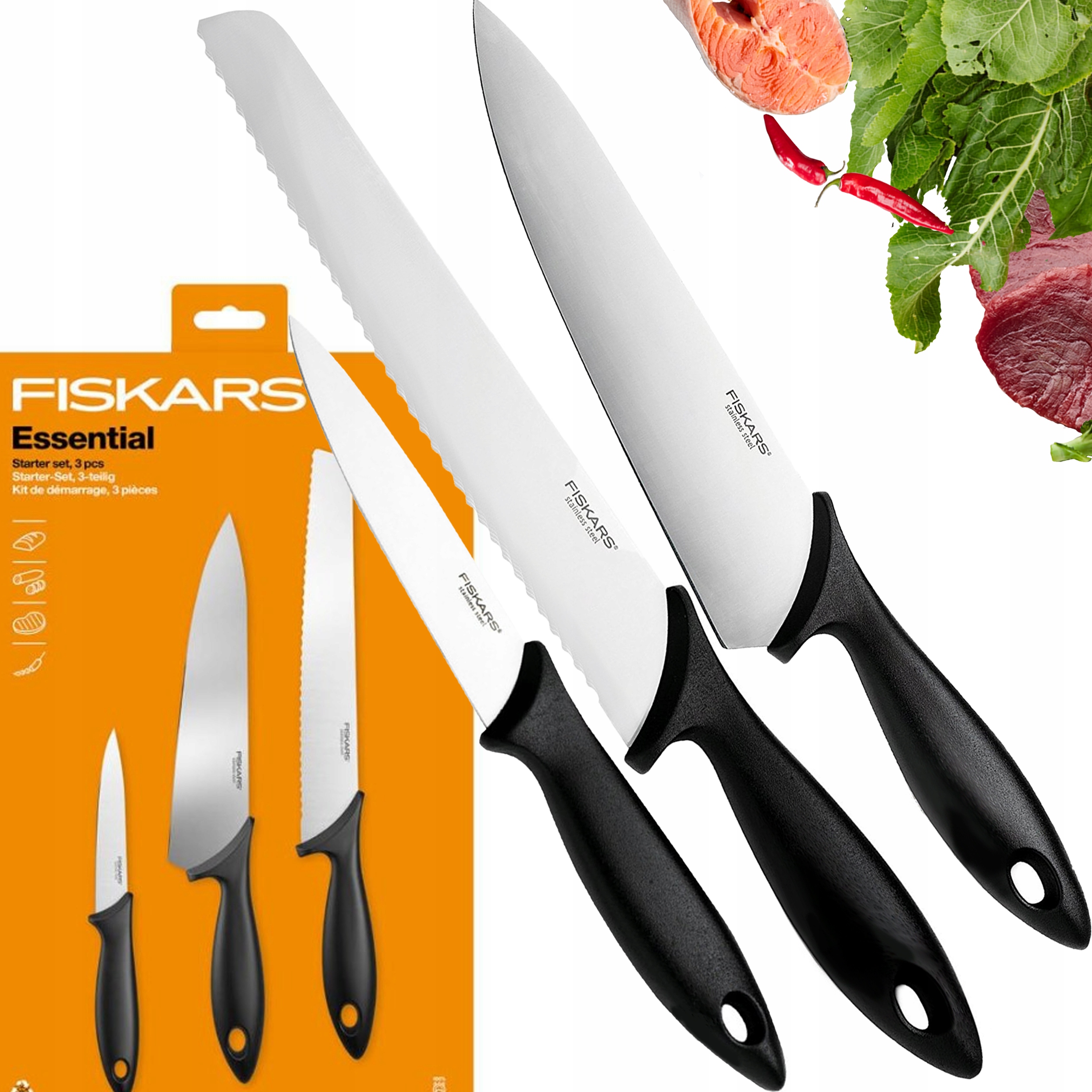 Fiskars Essential Knife Set 3 Pieces - Knife Sets Stainless Steel Black - 1065583