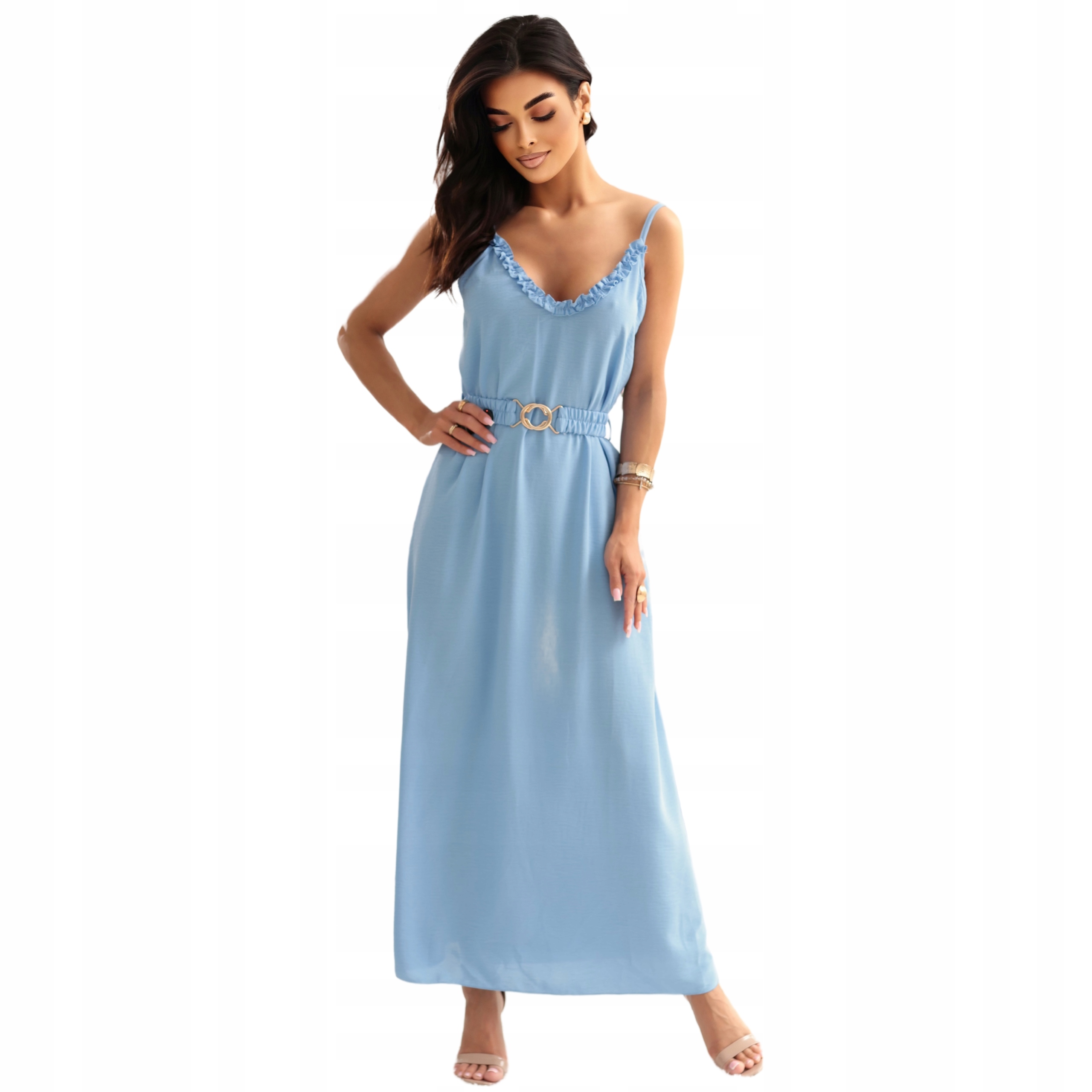 Šaty na svatební hostinu jednoduché elegantní dámské Maxi s ramínky modré XL