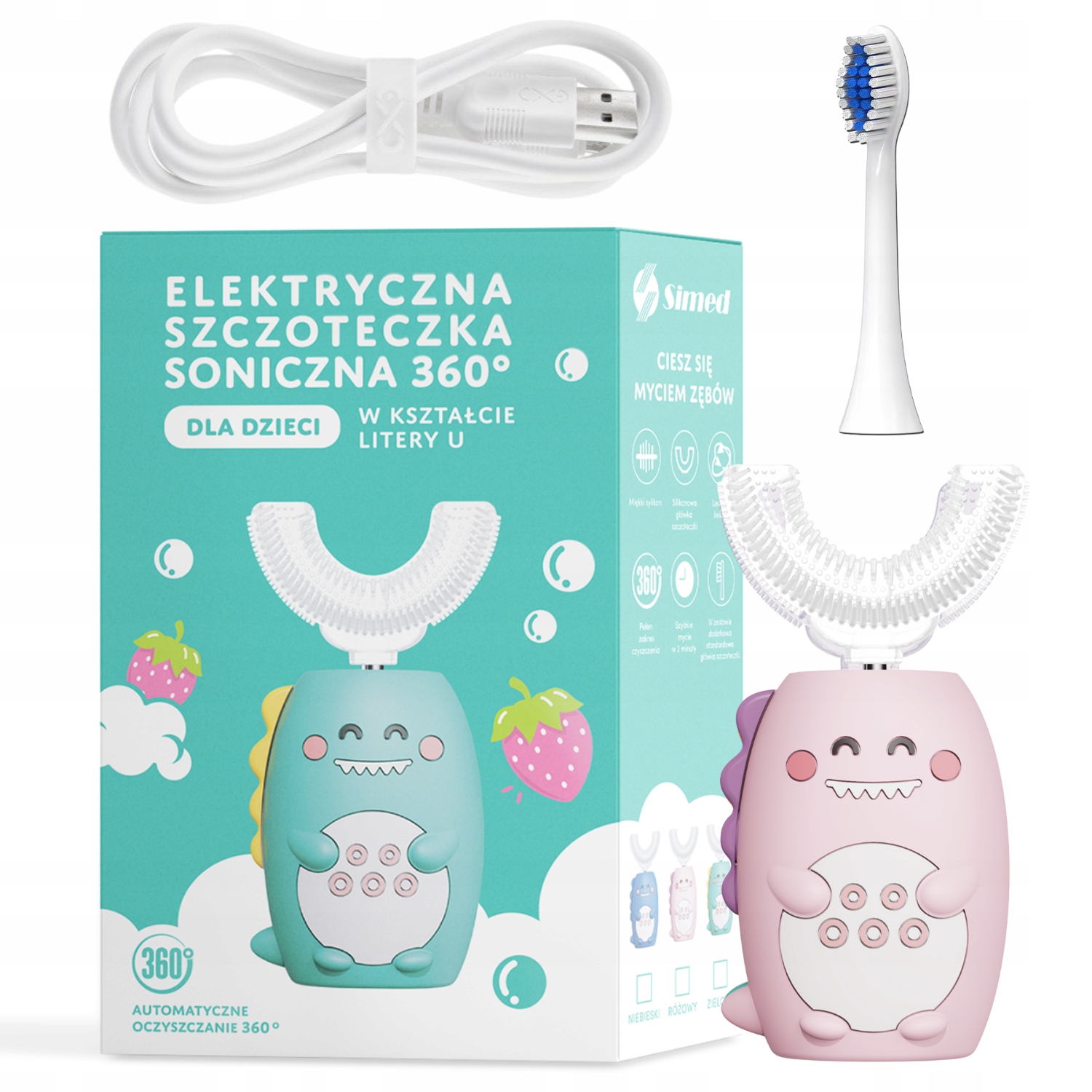 SZCZOTECZKA SONICZNA dla dziecka Dziecięca Szczotka 360 U-shape 2w1 RÓŻOWA