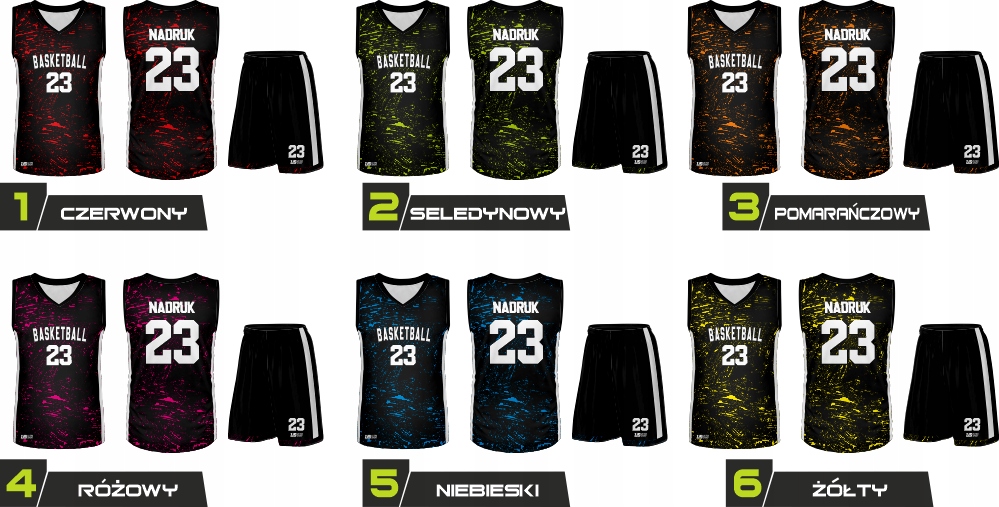 KOMPLET STRÓJ KOSZYKARSKI SPORTOWY KOSZ NADRUK Kolor dominujący wielokolorowy