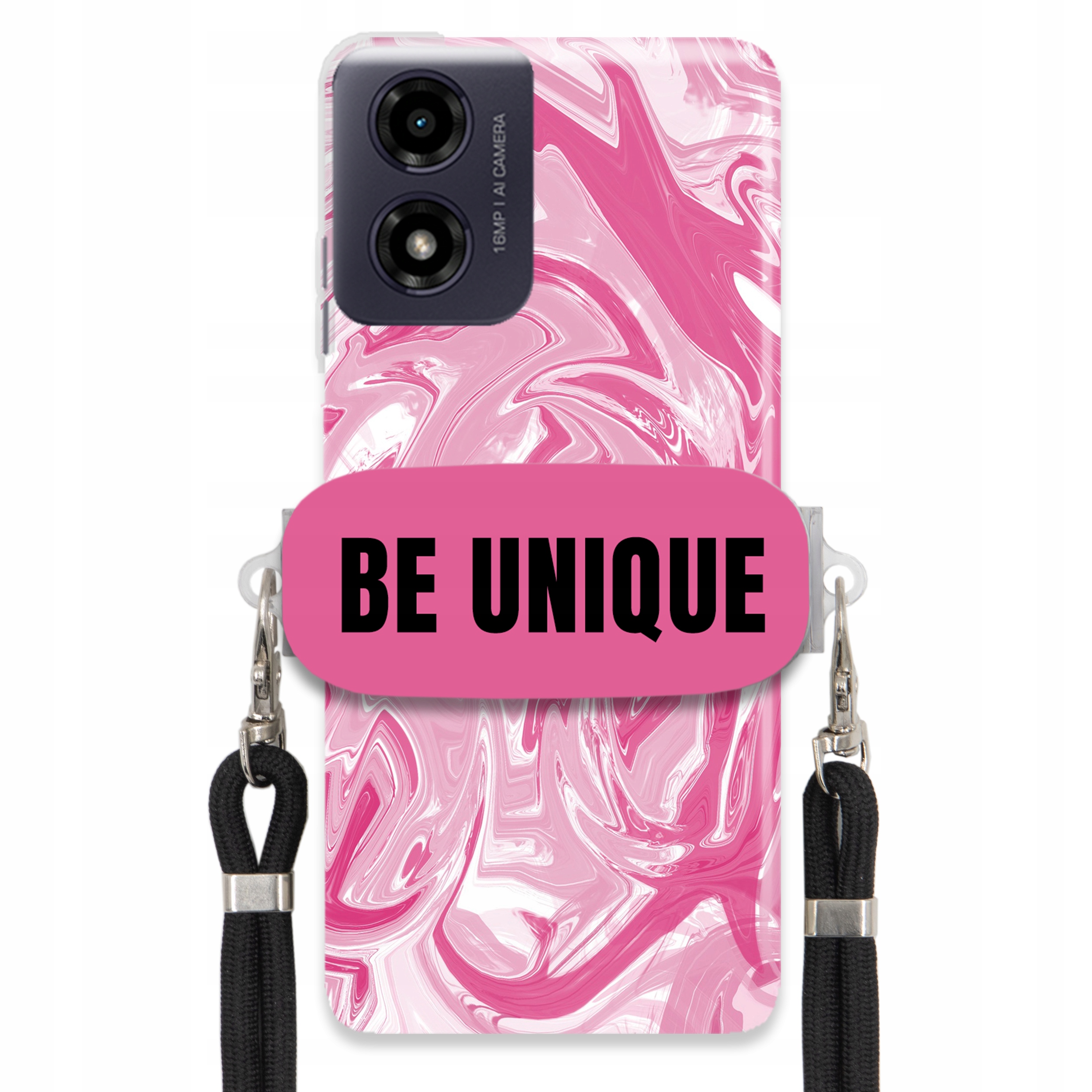 Puzdro na Motorola G24 držiak na šnúrku Čierna Ružová Mramor Be Unique