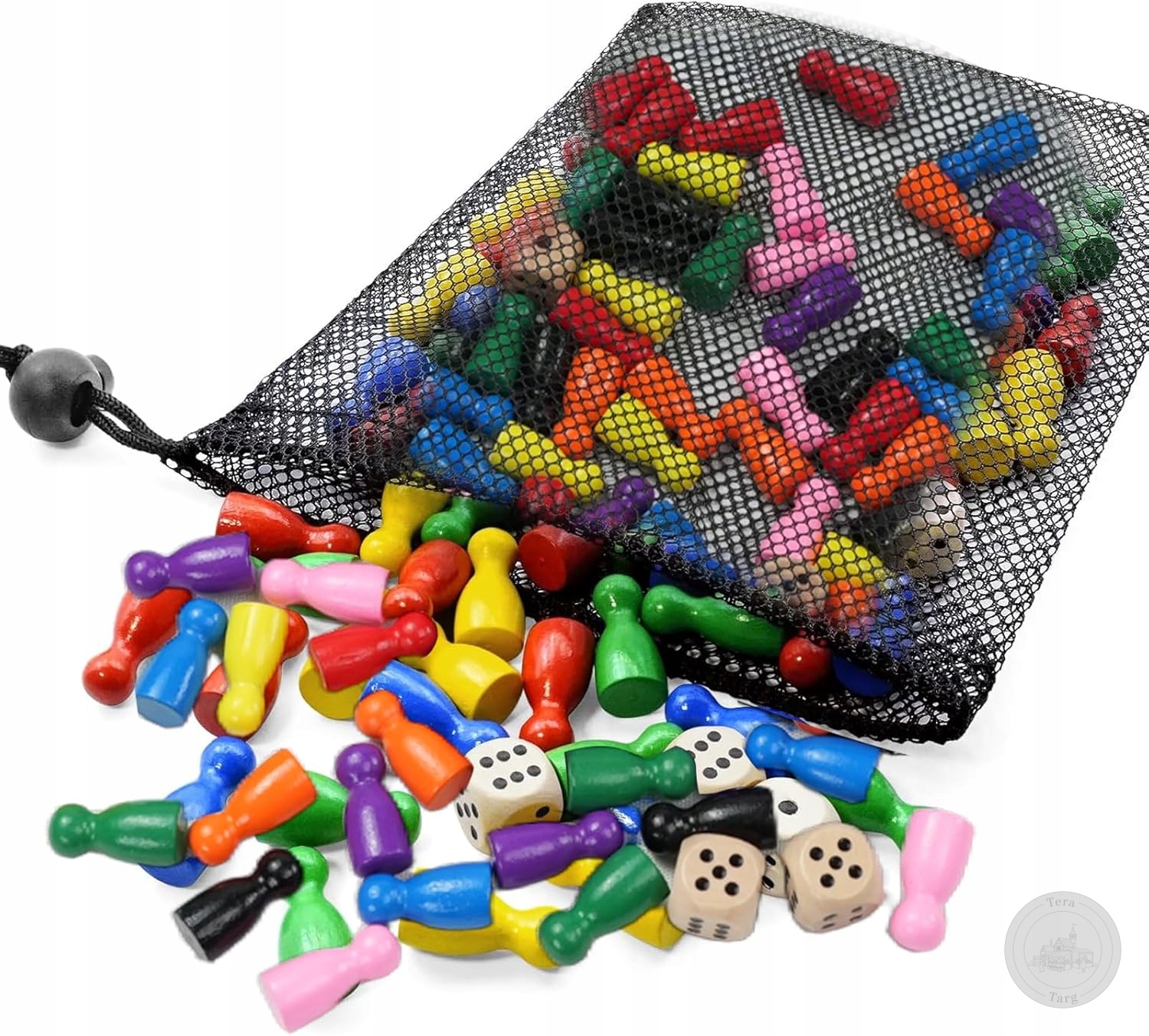 DREWNIANE PIONKI DO GIER PLANSZOWYCH + KOŚCI – 80 SZT., 8 KOLORÓW, TORBA