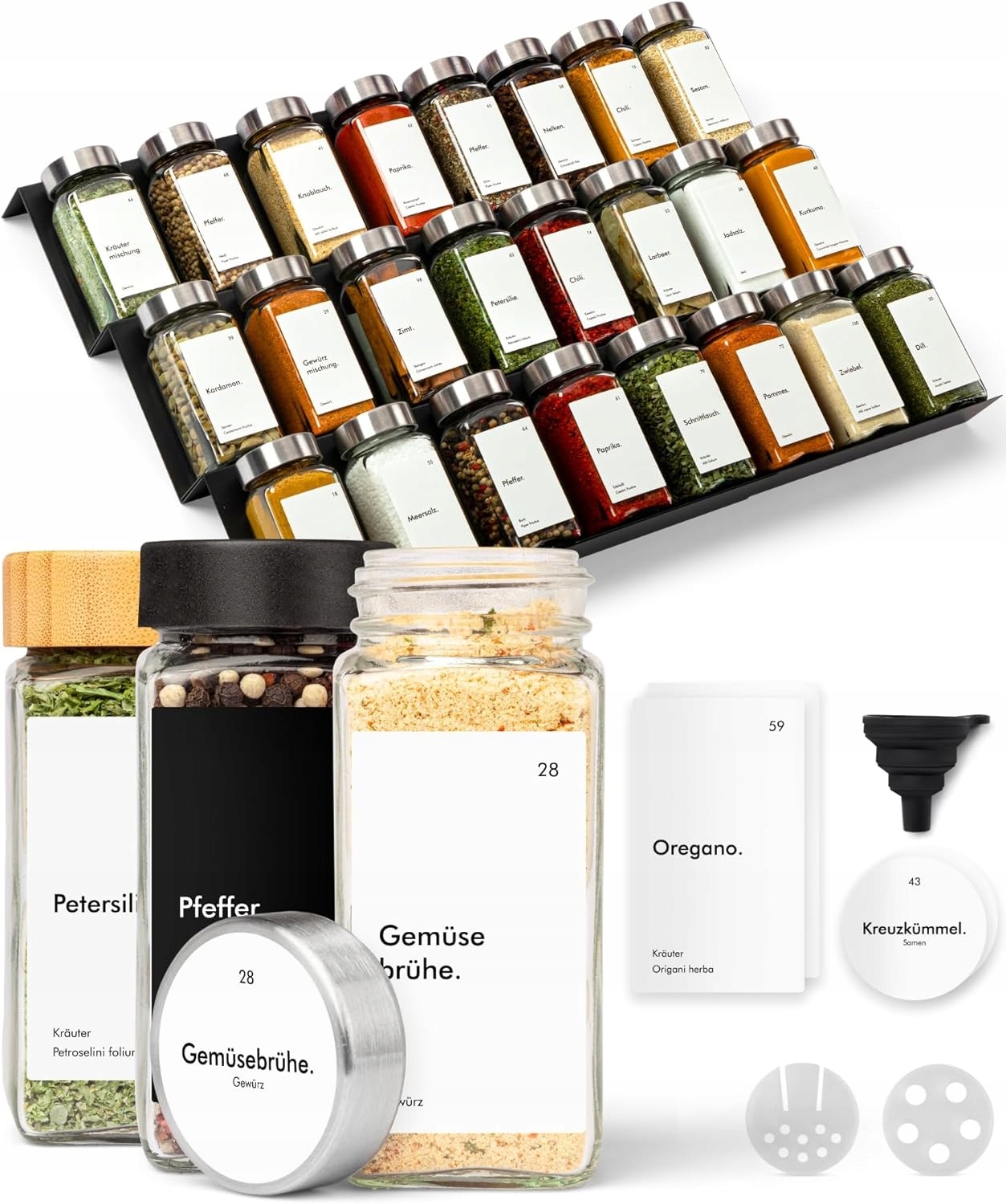 Regál Na Koření Kovový, Stříbrný, Nastavitelný, 24 Sklenice, 240 Štítků