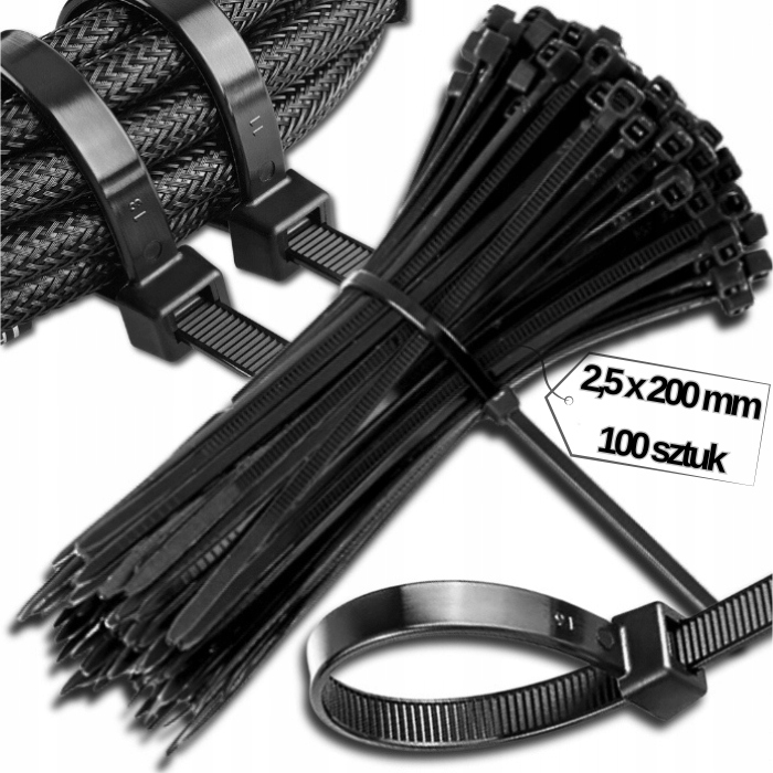 Opaski Zaciskowe Trytytki Ziperki Taśmy Kablowe Nylonowe 2,5x200mm 100szt