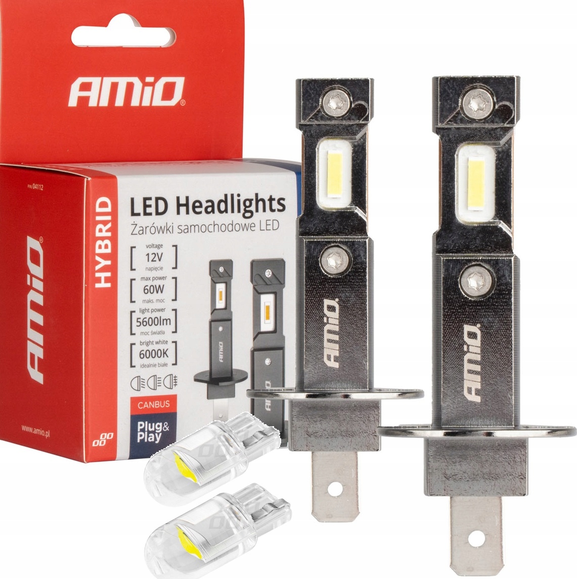 2x H1 6000K Żarówki Amio Led seria Hybrid 2x Clear White Led T10 W5W
