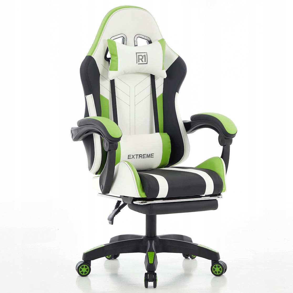 Herné kreslo R1 Green s podnožkou Ergonomické, mäkké kolieska
