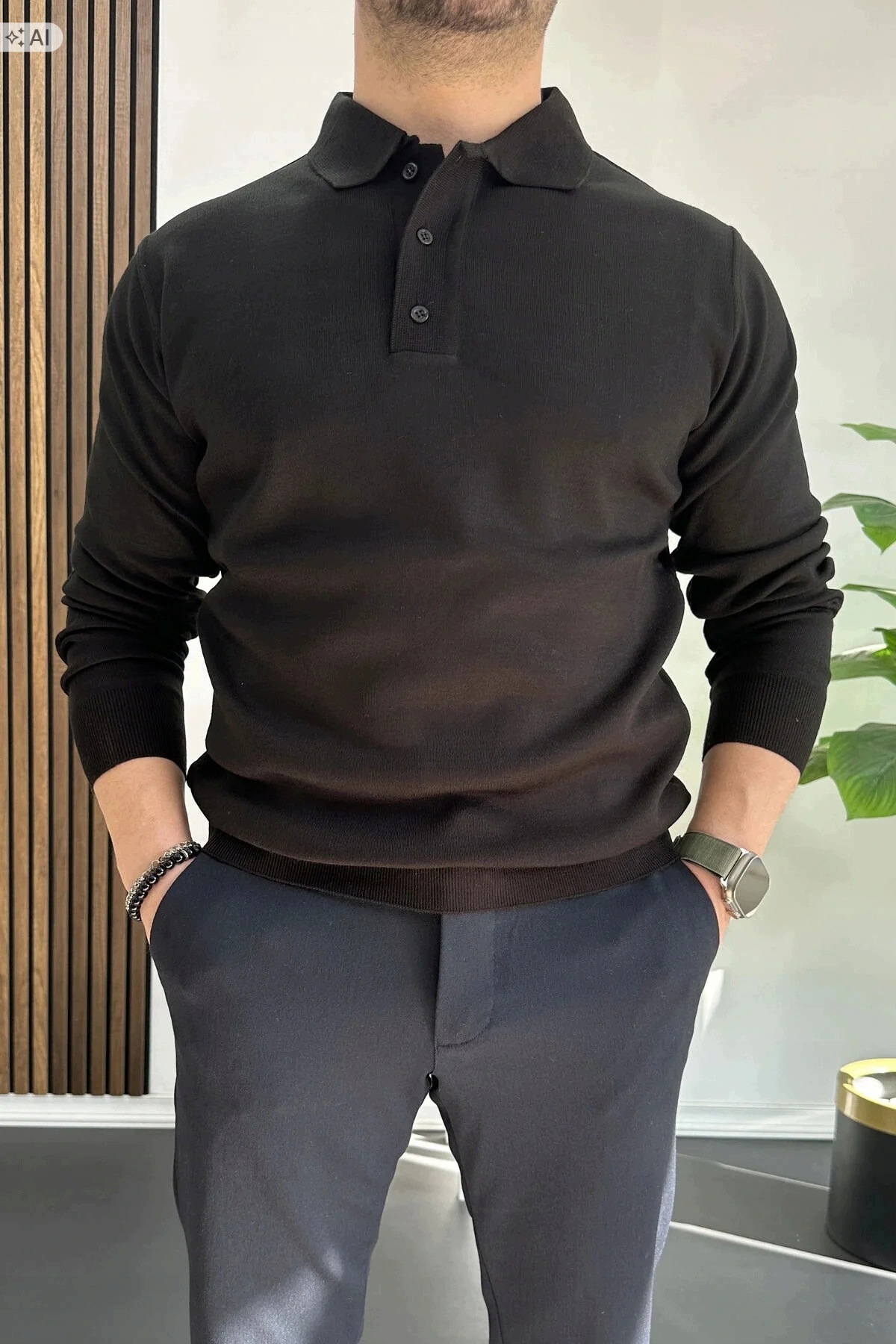 Hladký Pánský Polo Svetr S Dlouhým Rukávem XL 5IA