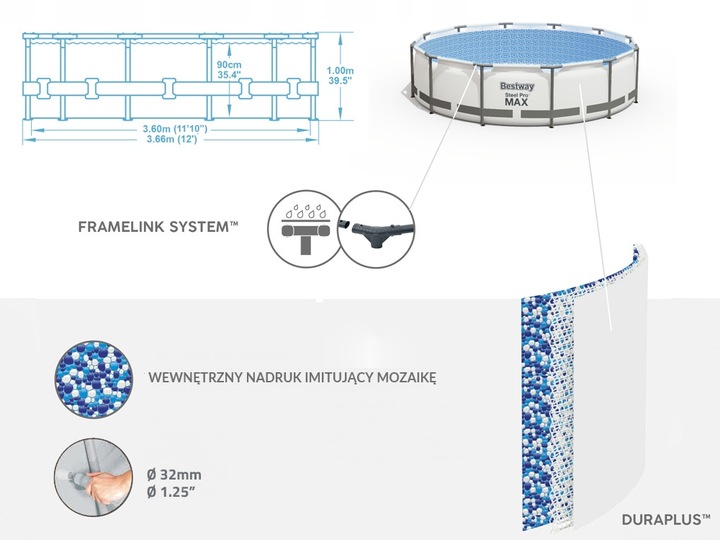 BASEN STELAŻOWY OGRODOWY BESTAWY 366x100cm ZESTAW Seria Steel PRO MAX