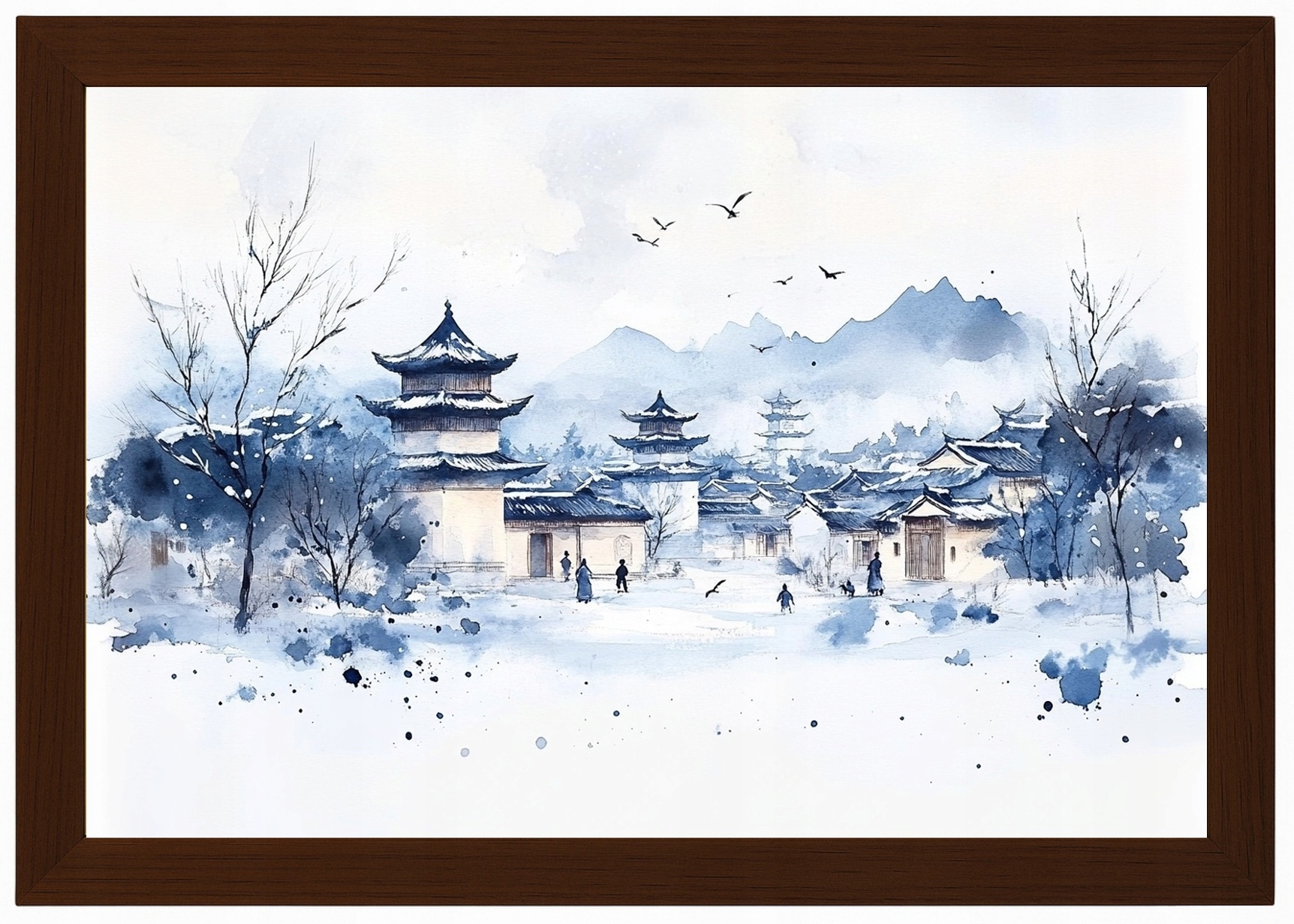 Plakát Rámeček S Dřevěnou Grafikou Asie Čínská Čtvrt Pagoda Zima 60x40