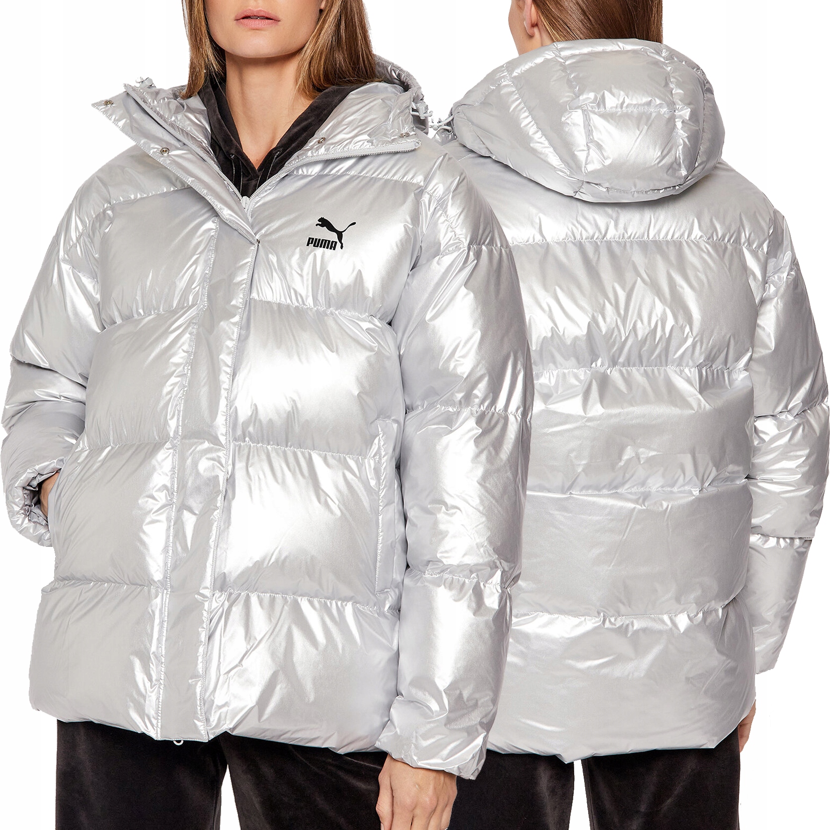 Puma dámská zimní bunda stříbrná péřová s kapucí oversize 589584 10 S