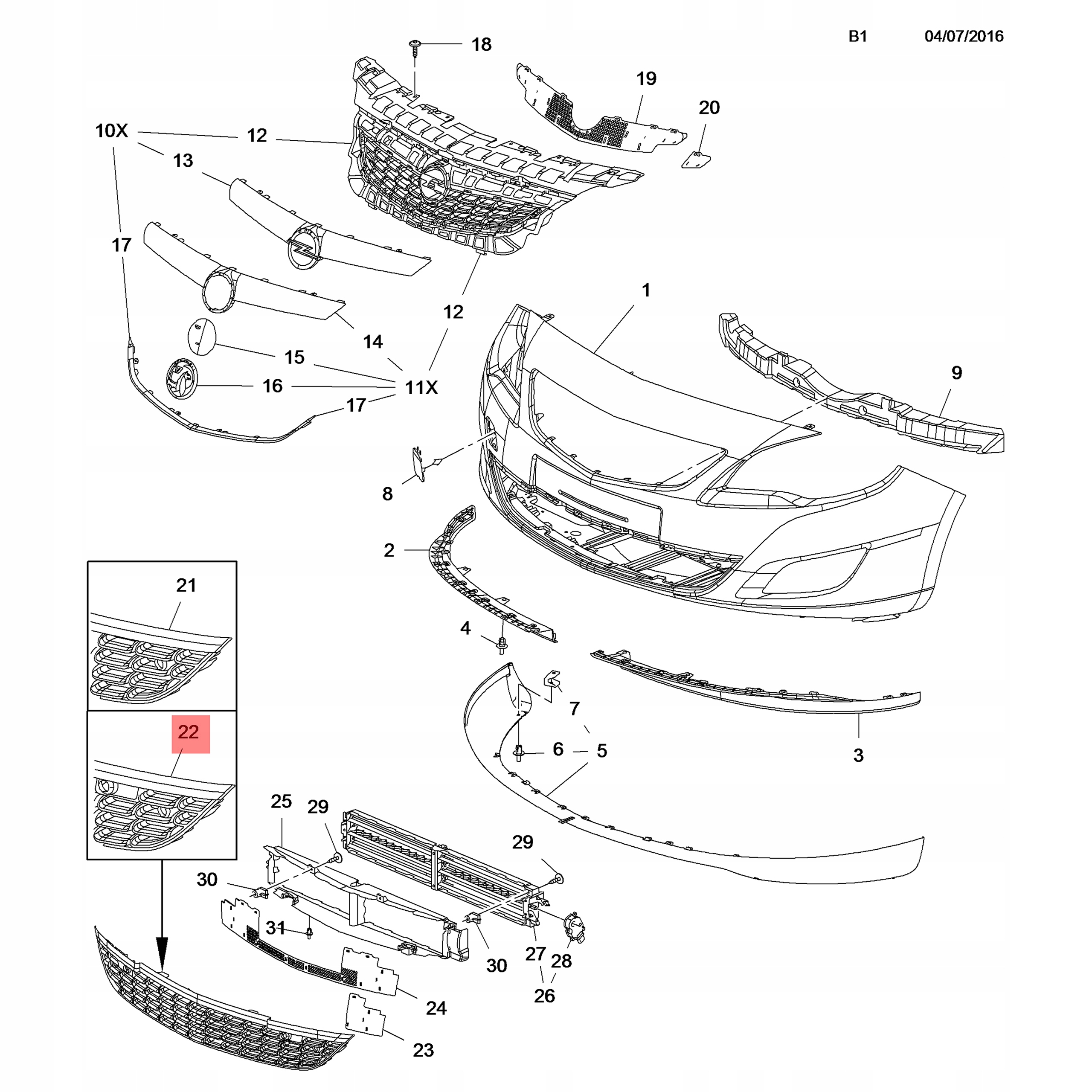 KRATKA WLOT ATRAPA ZDERZAKA PDC OPEL ASTRA J OE Strona zabudowy przód