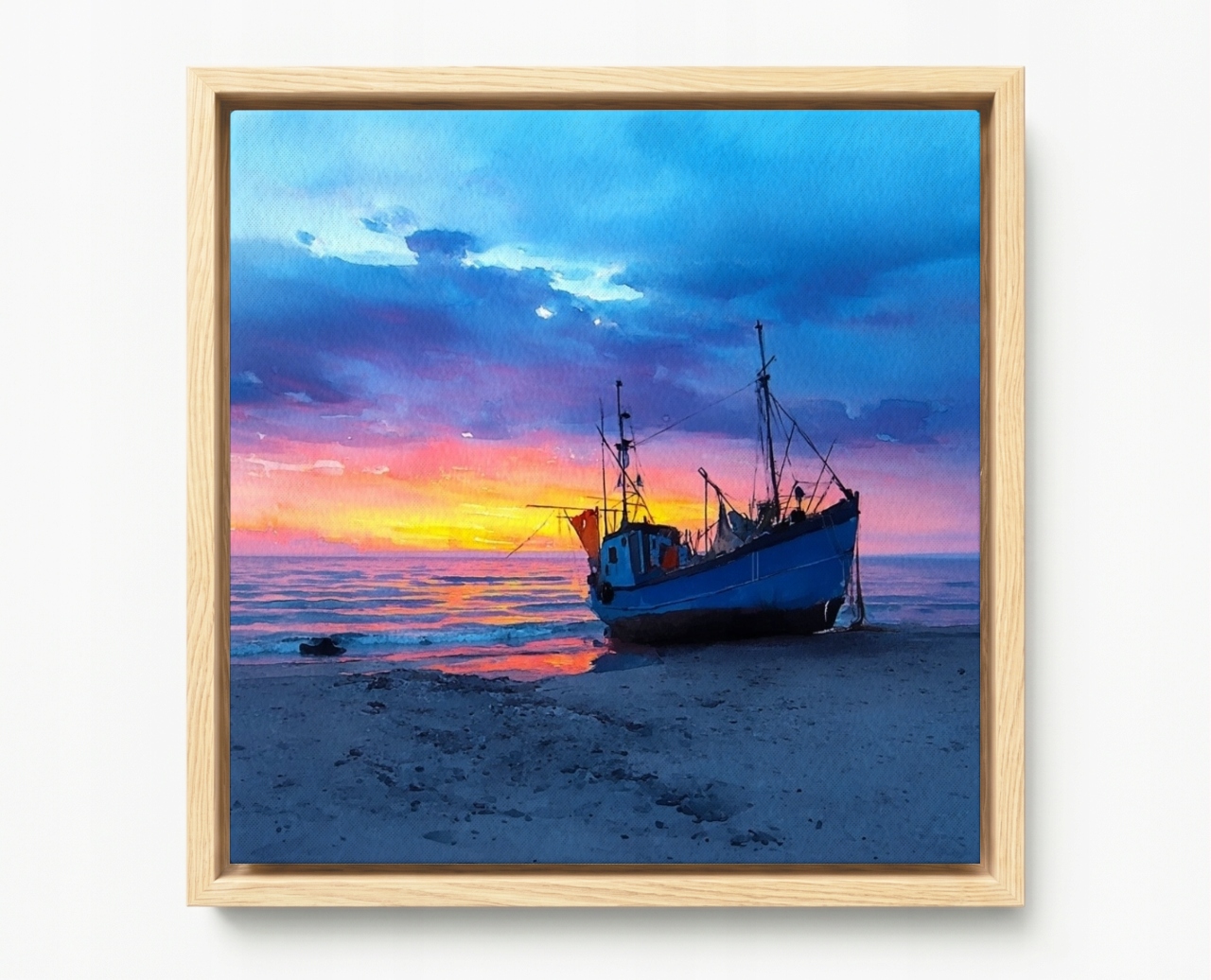 Obraz Rám Americká Krajina Moře Pláž Loď Kuter Slunce Západ 40x40