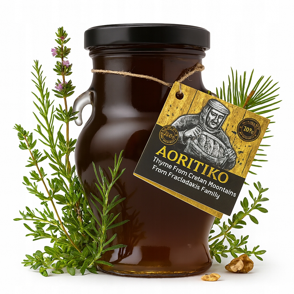 Řecký med Aoritiko tymián, borovice a divoké bylinky 750 g, lahodný, sladký
