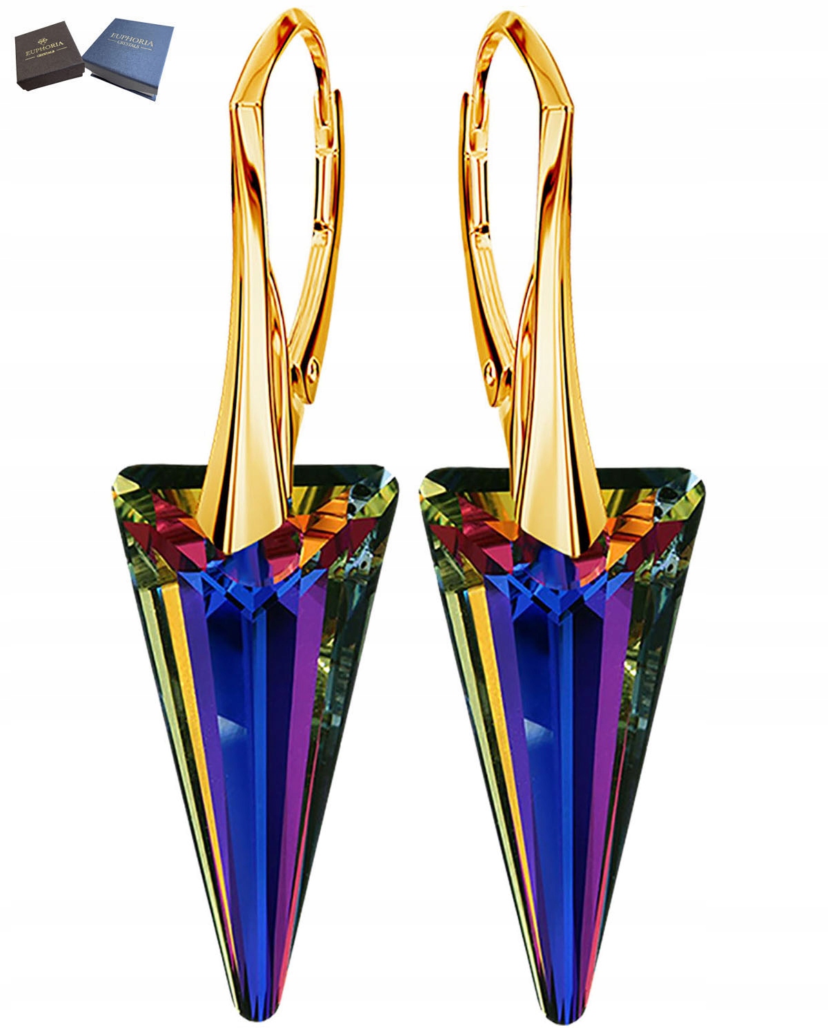 Náušnice Zlaté Závěsné Anglické Zapínání Krystaly Špičaté Stříbro 925