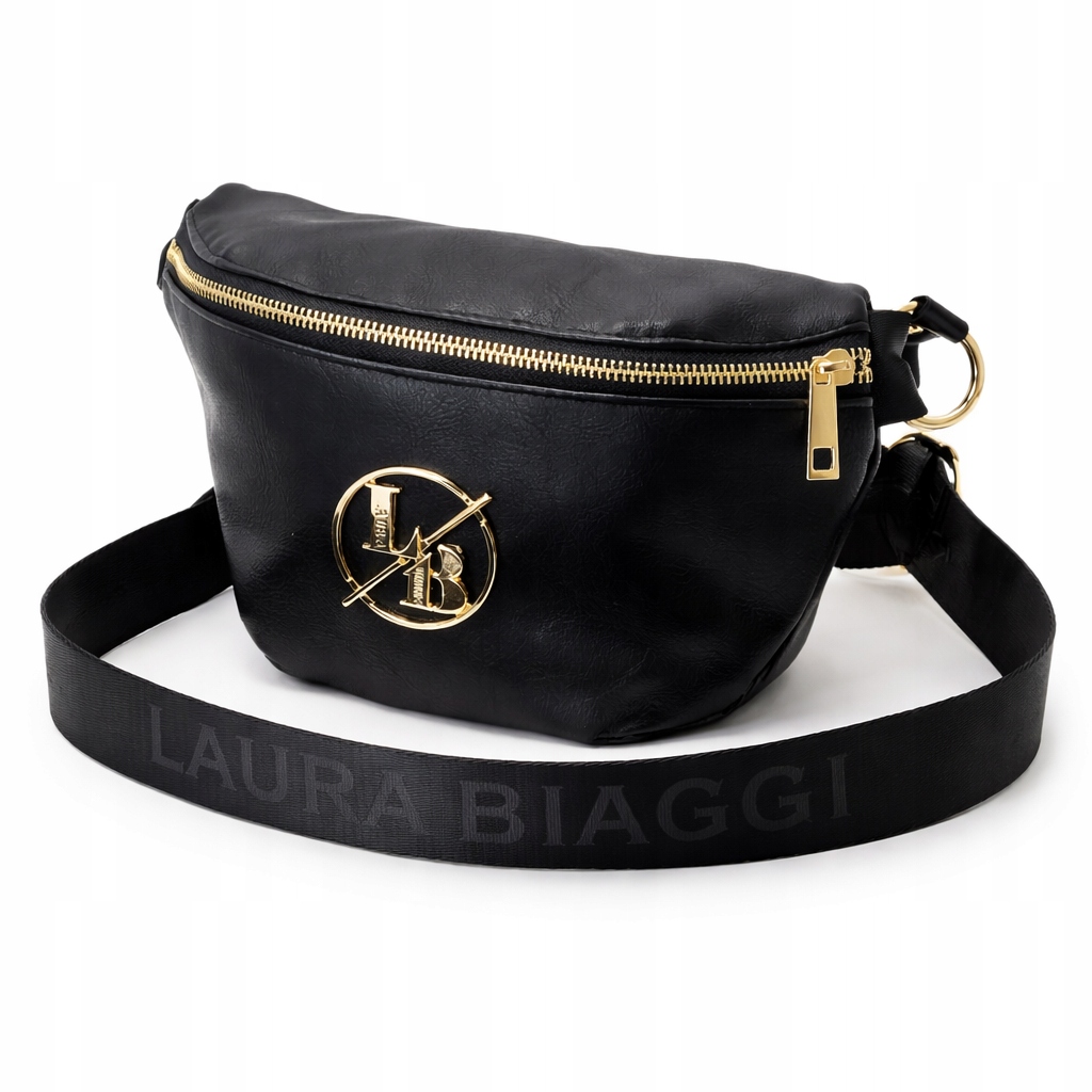 Laura Biaggi Dámská ledvinka Kožená taška Černá Matná Logovaný Pásek