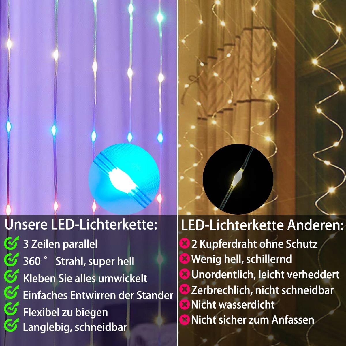 QINER Kurtyna Świetlna 3x3m 300LED Kolor APP Muzyka — miniatura 4