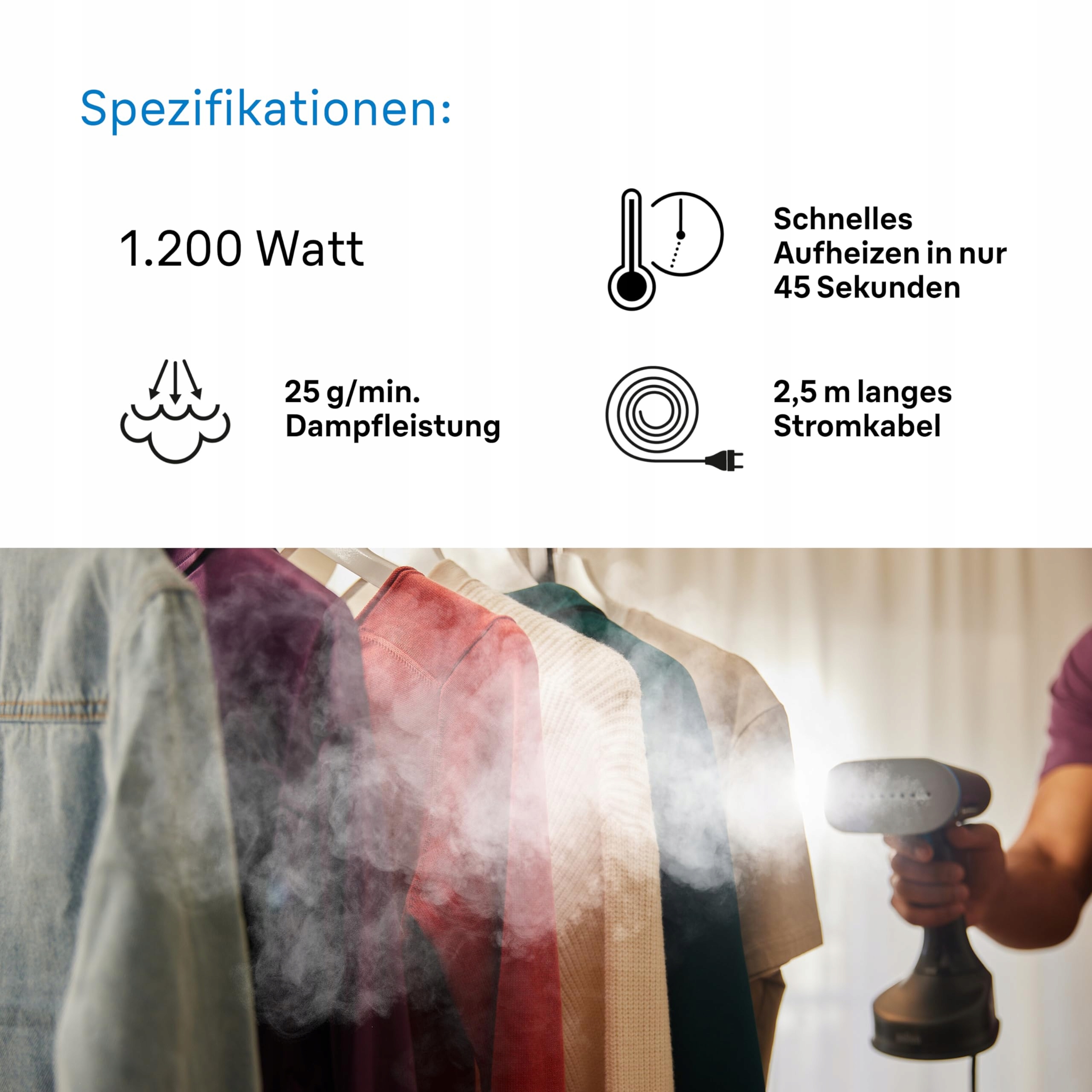 BRAUN QuickStyle 5 GS5031BL Steamer 1200W 25g/min 150ml 45s CzarnoNiebieski — miniatura 4