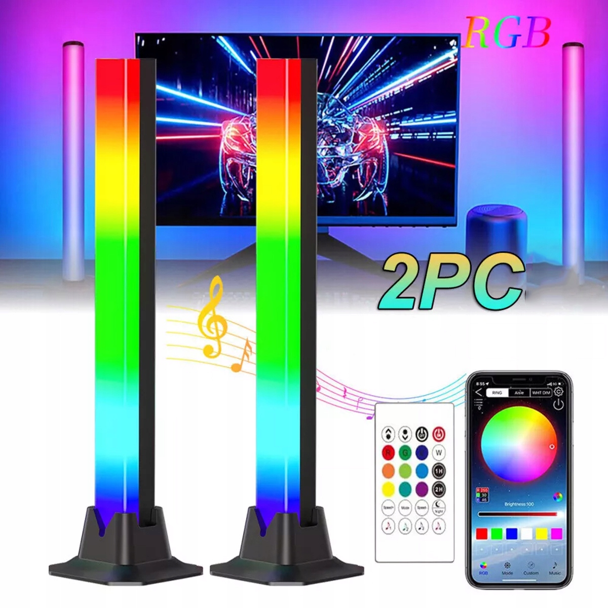 2SZT Panele Led Listwa Gamingowa Lamp Stojących Do Telewizora Rgb Z Pilotem