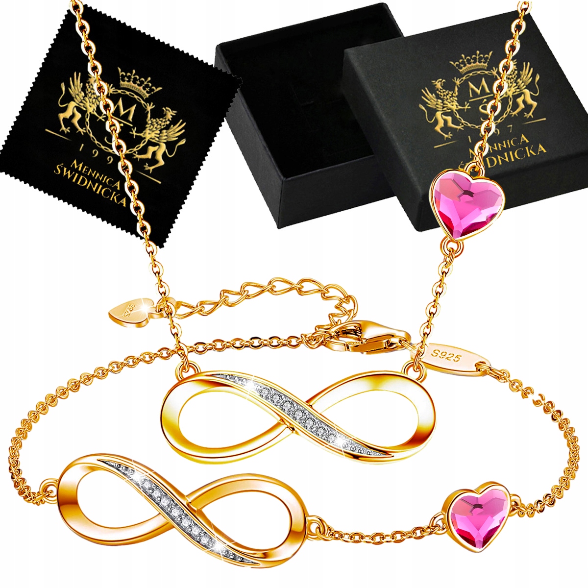 Sada šperků Zlaté Stříbro 925 Přívěsek Náramek jako Dárek Srdce
