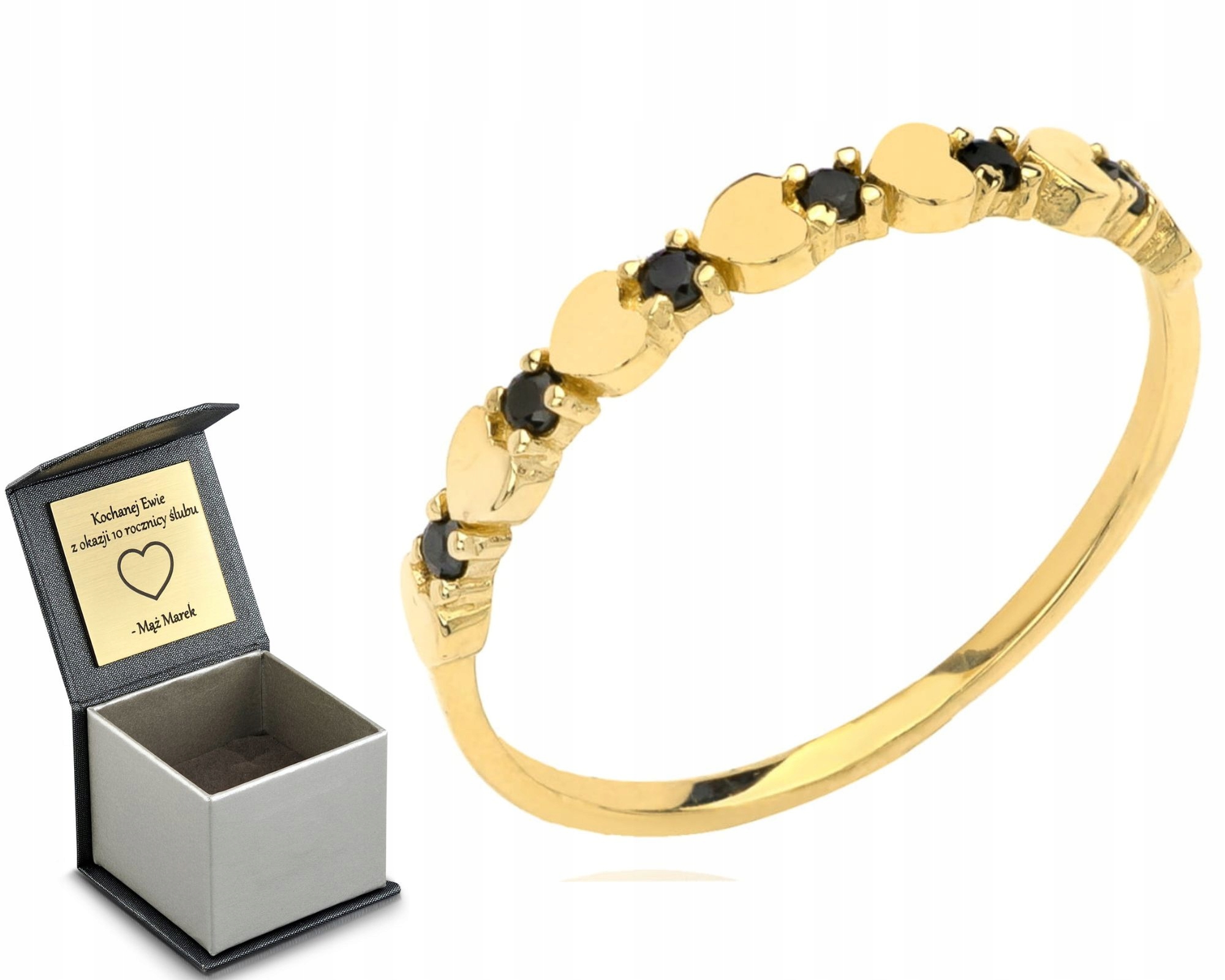 Zlatý Prstýnek Srdce A Černý Zirkon Gravírování Jako Dárek Pro Ženu 585