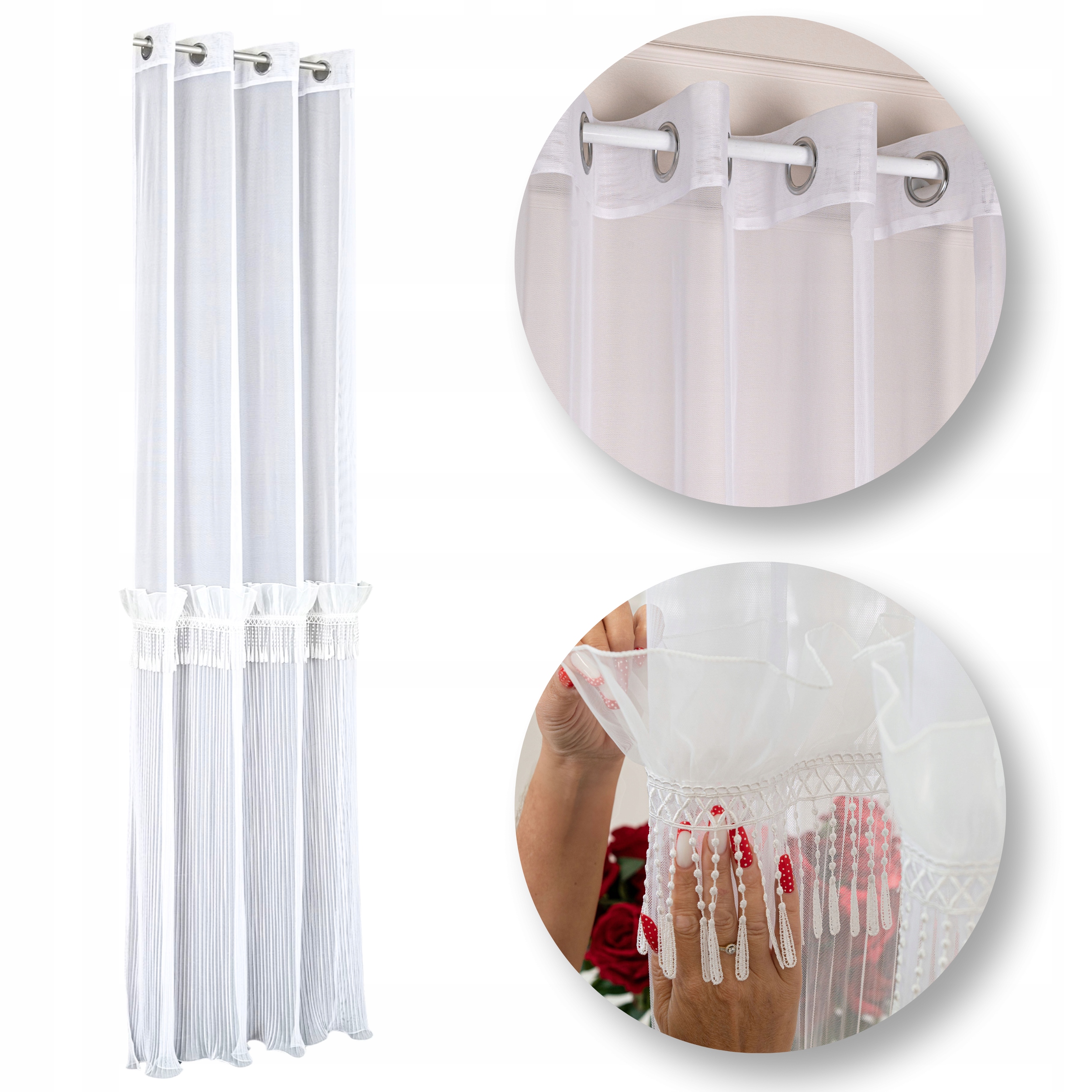 Firana gotowa przelotki firanka z falbaną frędzlami plisowana 140x250 Egret