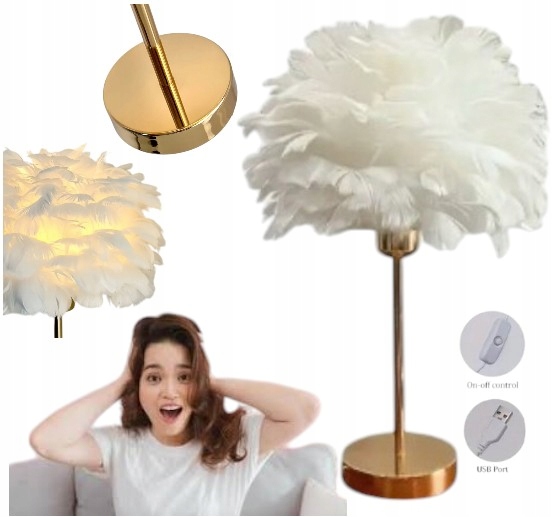 lampa stołowa z kloszem z białych piór