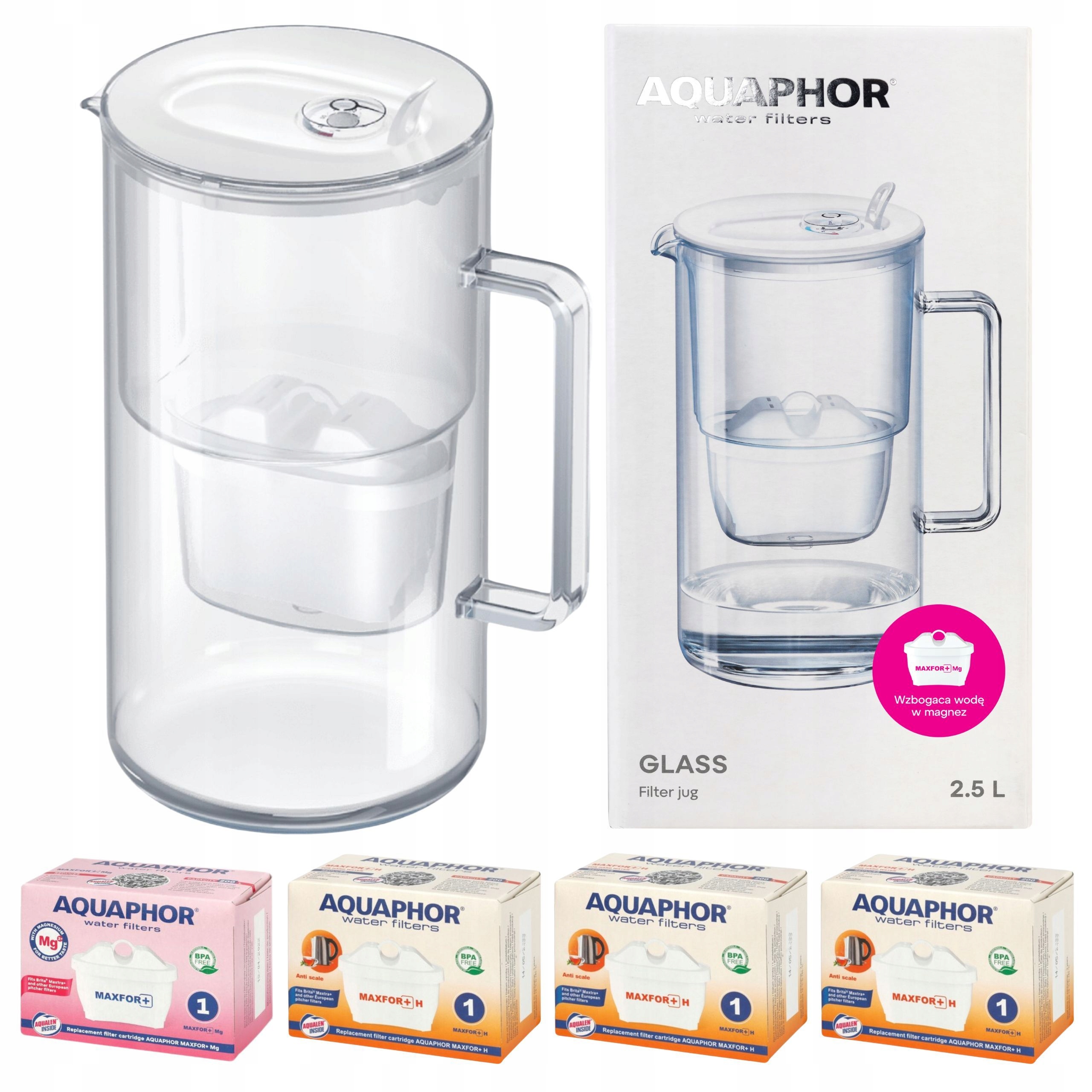 Džbán Aquaphor Glass bílý 2,5 l skleněný na vodu 4 filtry Maxfor (1 mg 3 h)