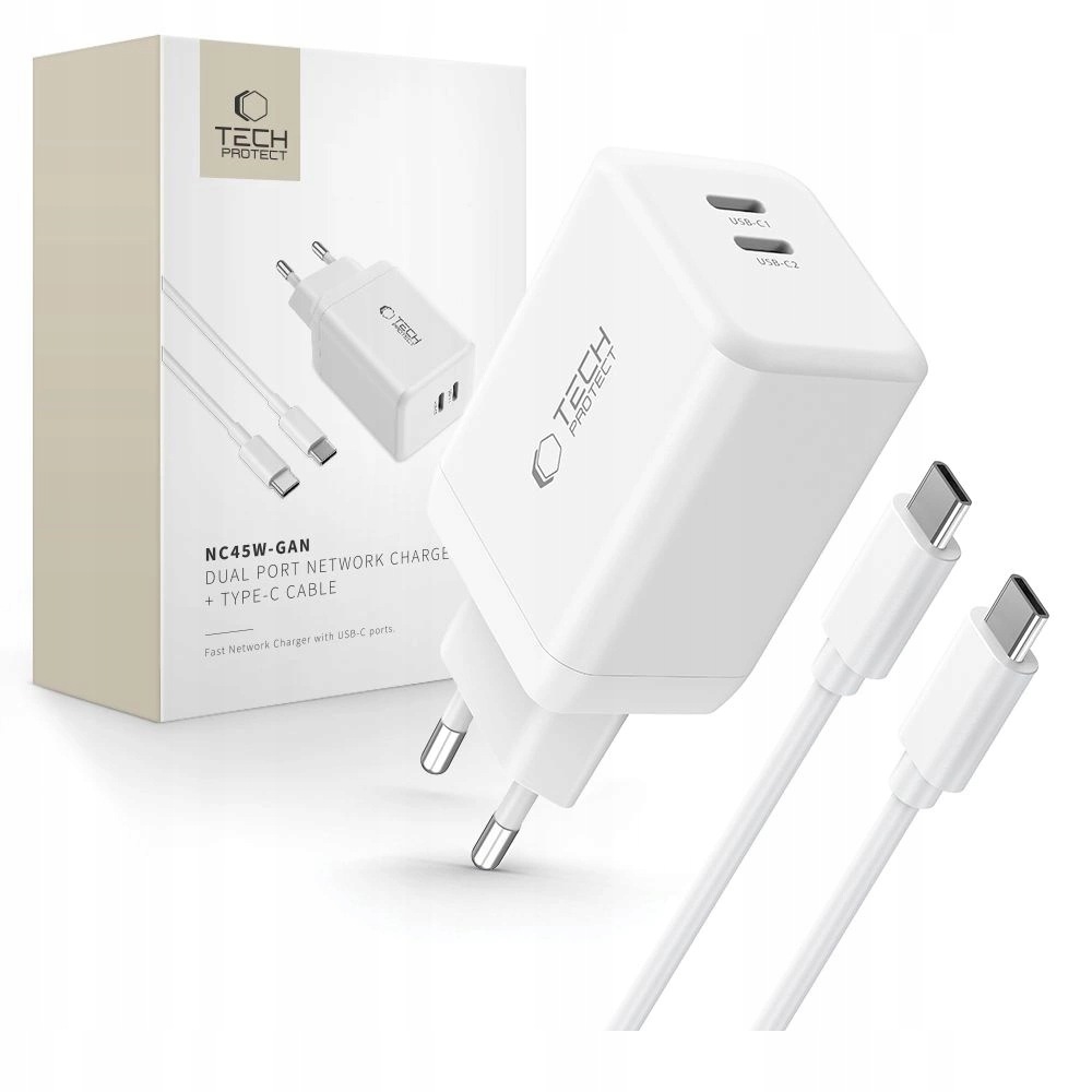 Ładowarka Tech-Protect NC45W-GAN 2-PORT PD45W Type-c Cable białe