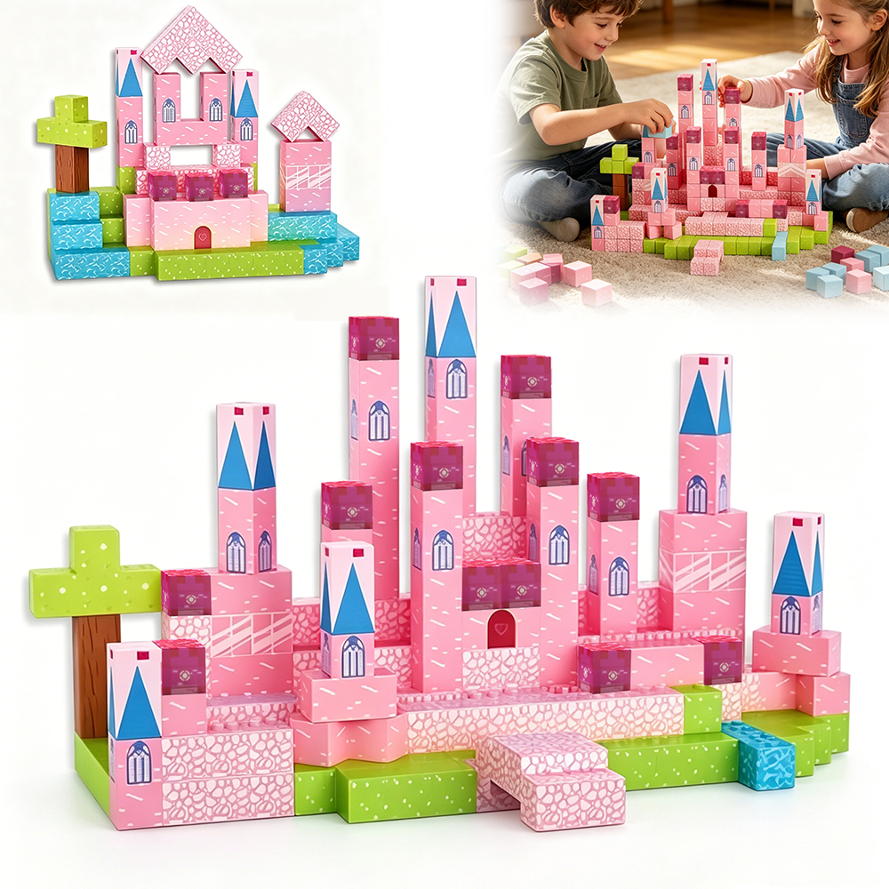 213SZT Klocki Magnetyczne Zestaw Różowy Zamek 3D+ Pojemnik Premium