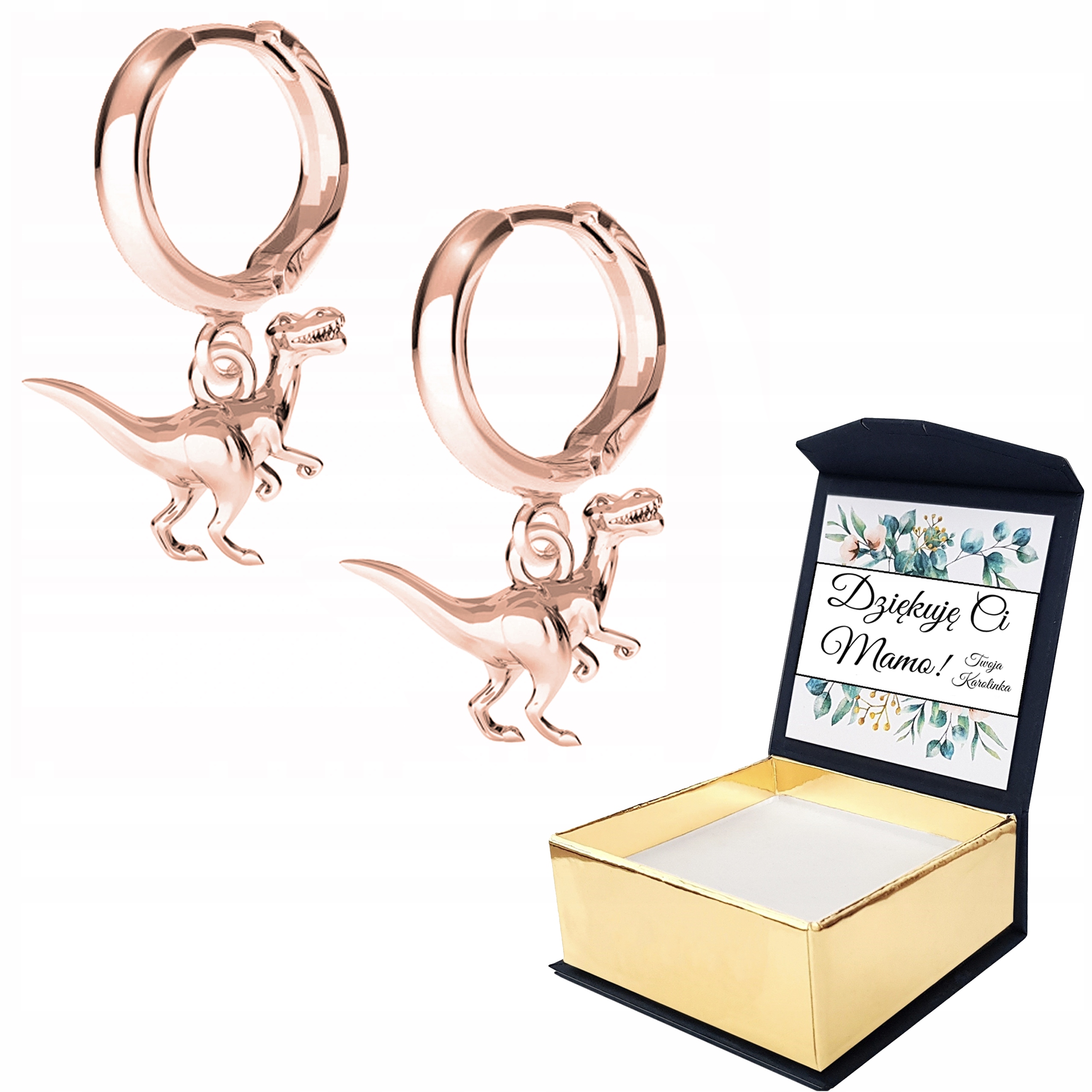Náušnice růžové zlato Dinosaurus T-rex Vlastní Potisk