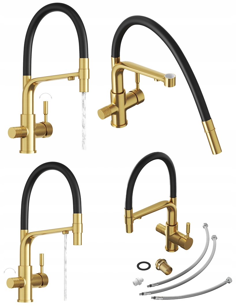 Zlatá trojcestná kuchynská batéria Malta pre vodný filter, kohútik, výtokový filter