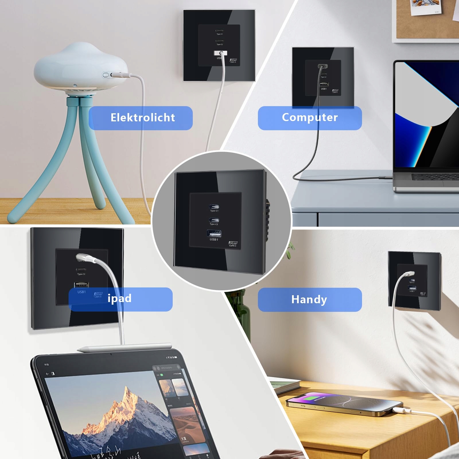 TAWOIA Gniazdko Schuko 65W USB C Szybkie Ładowanie Czarny Szklany Panel — miniatura 6