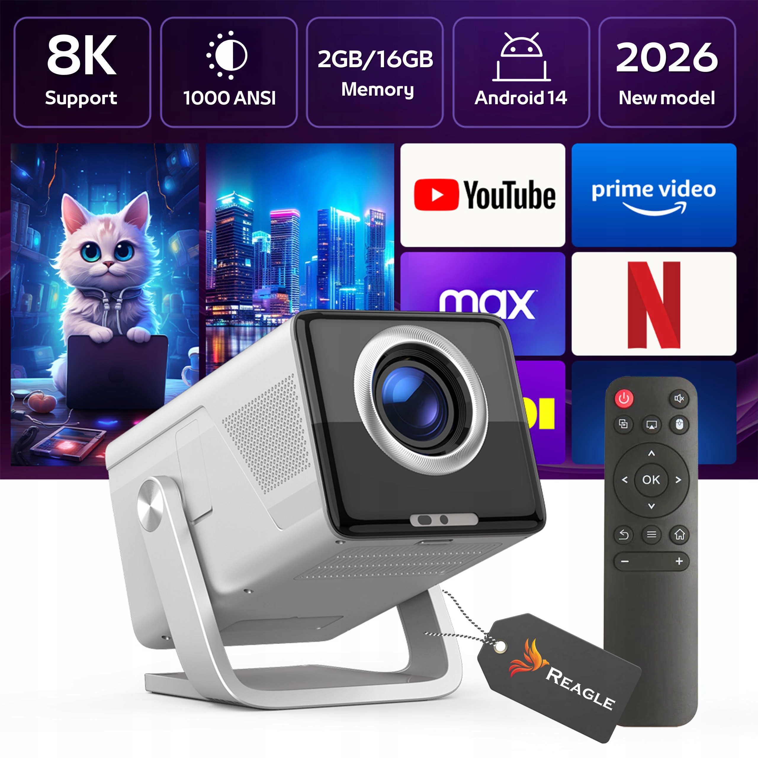 Projektor Přenosný 1000 Ansi 8K Full Hd 130" Android 14