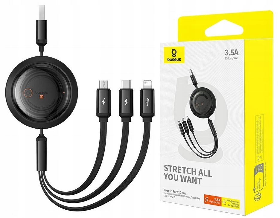 BASEUS Kabel USB Zwijany Płaski 3w1 Lightning microUSB USB-C 110cm 3,5A