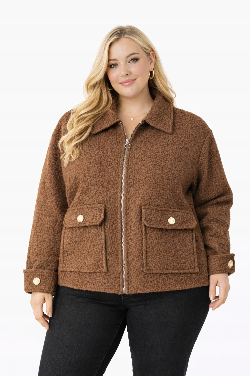 Kabát Bouclé Přechodová bunda Viskózová vlna Zip Hnědá 48 50 4XL 5XL