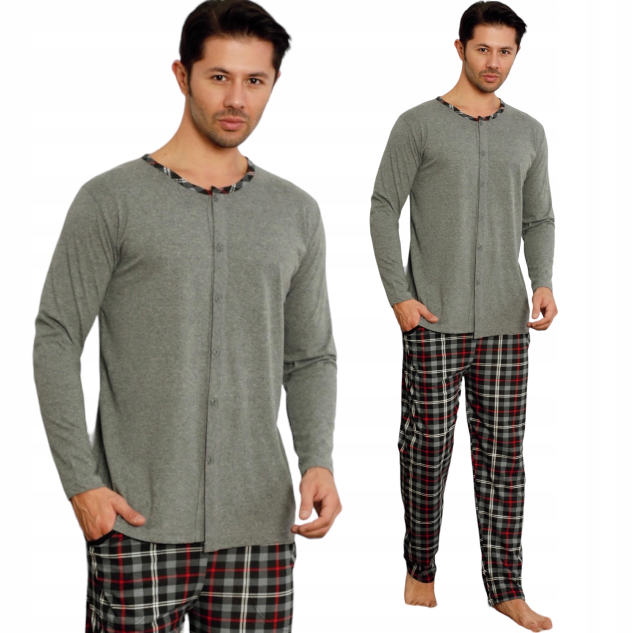 PIŻAMA MĘSKA DŁUGI RĘKAW CAŁA ROZPINANA/BAWEŁNA