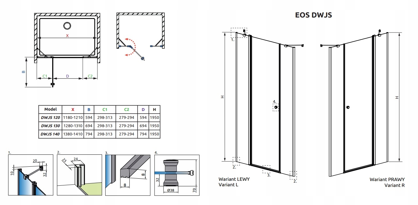 Drzwi prysznicowe RADAWAY Eos DWJS 120x195 LEWE Rodzaj drzwi do wnęki