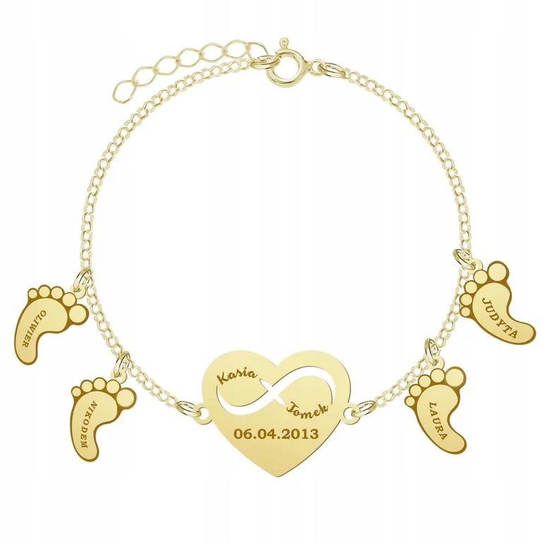 

Pozłacana Bransoletka serce stópki z imionami