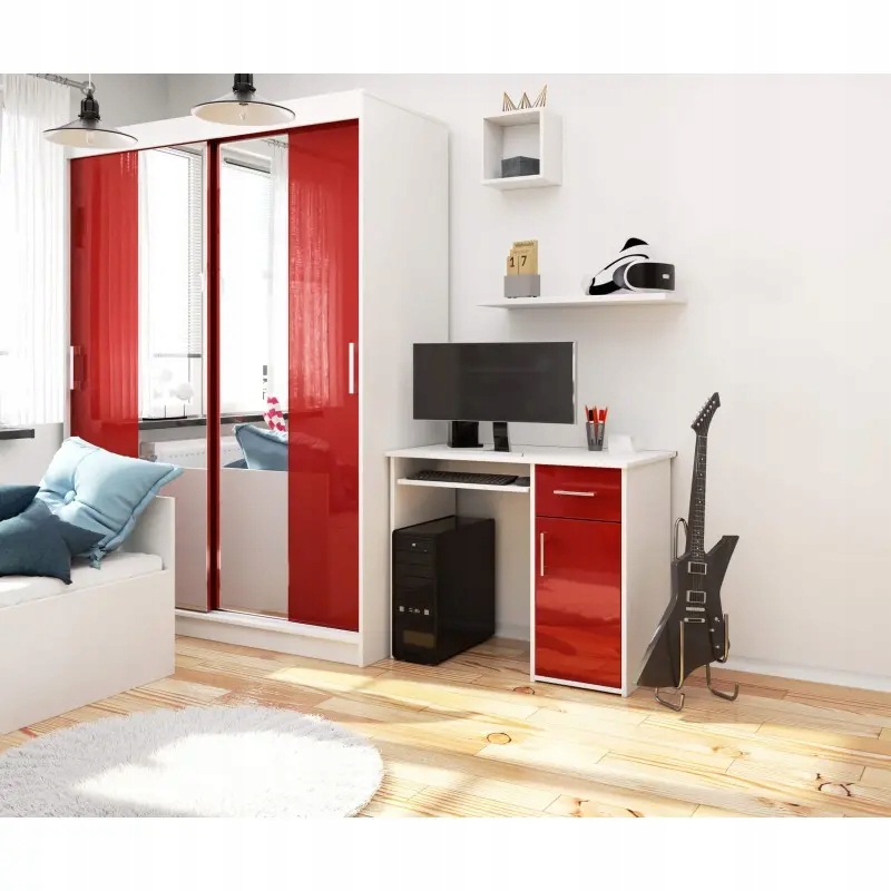 Biurko komputerowe białe czerwone 1 szuflada 90 cm Marka Akord