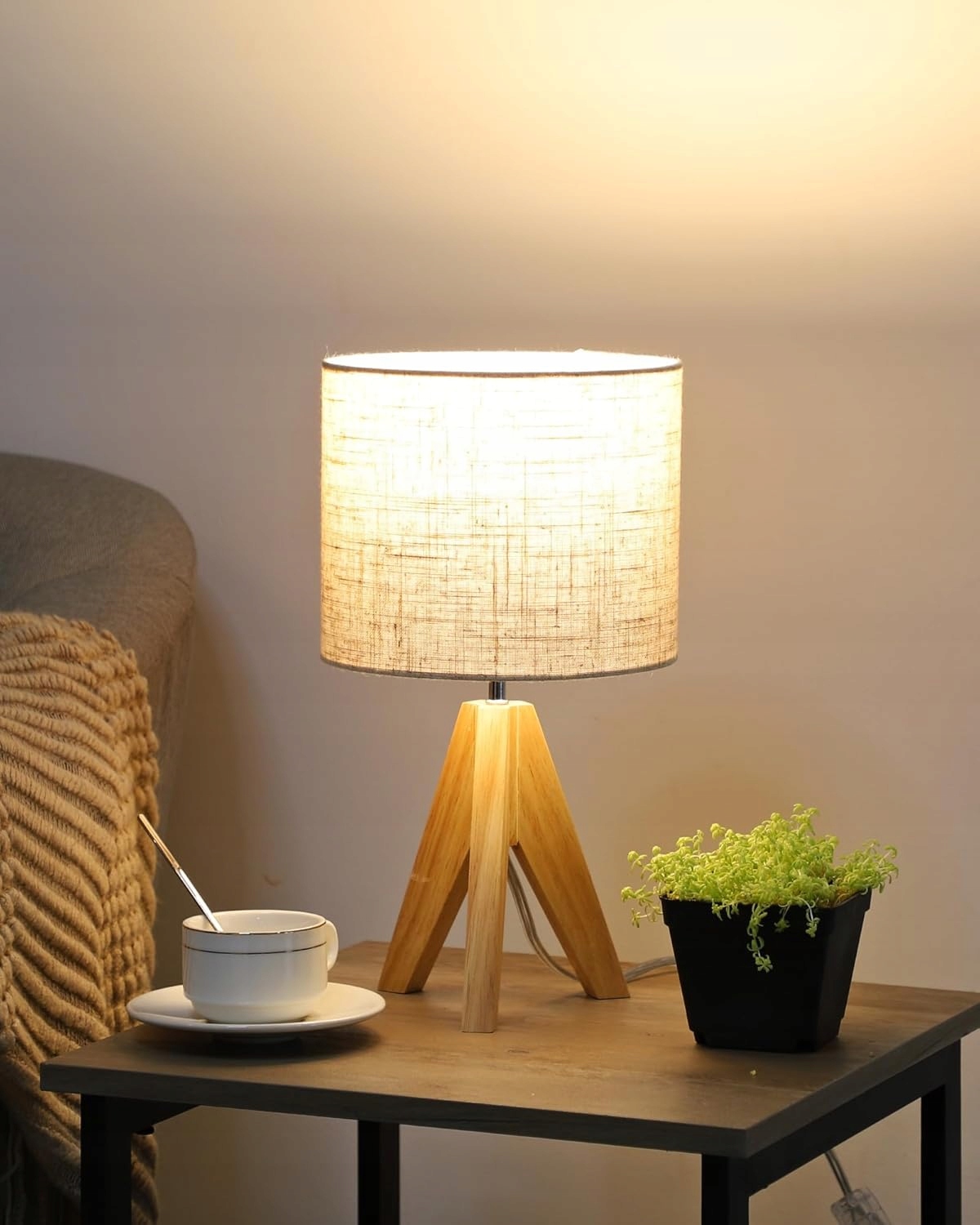 Lampa Stołowa Drewniana Statyw Lniany Abażur E27 Vintage Sypialnia