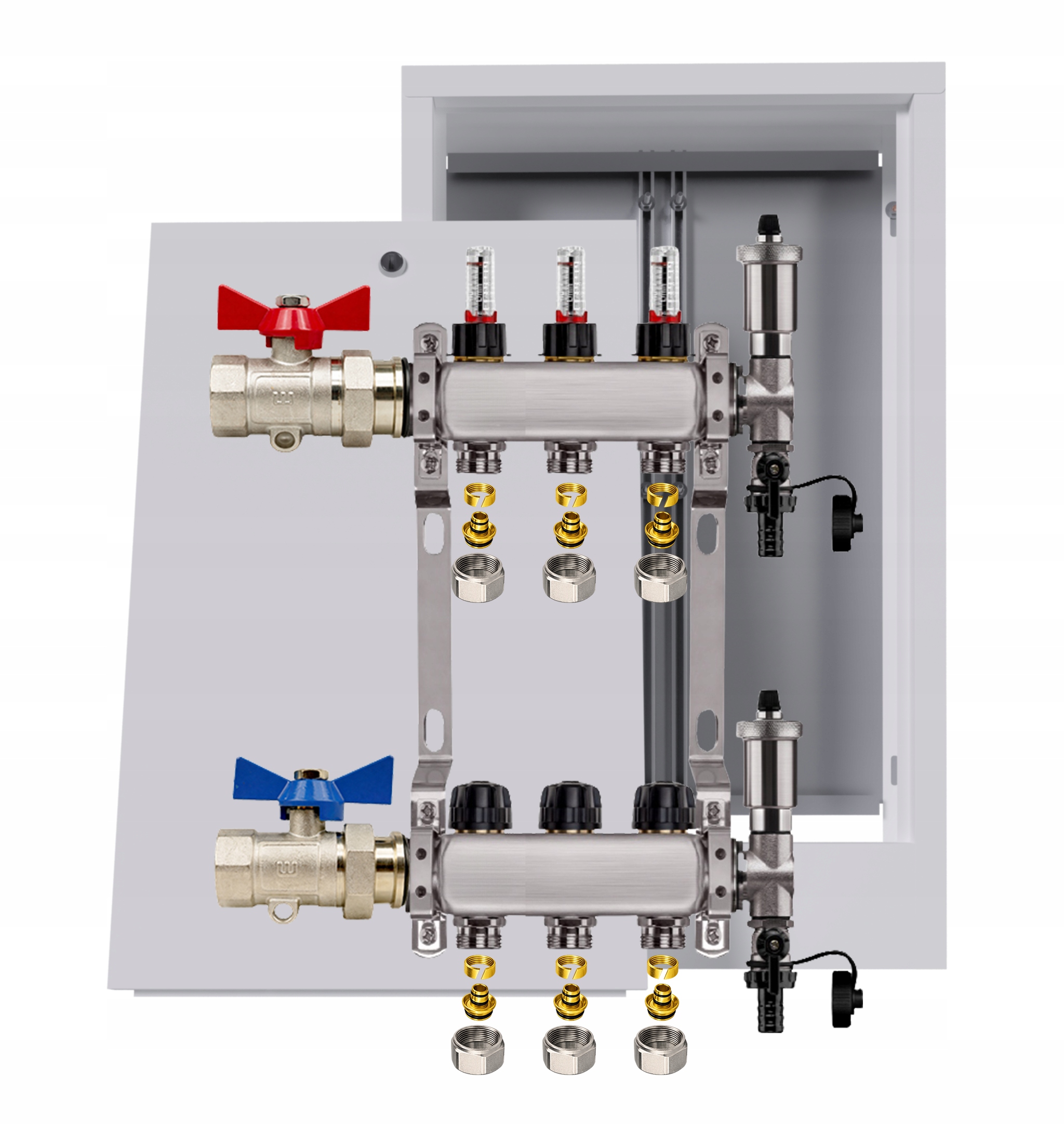 Nerezový rozdělovač pro podlahovku 3 okruhy nástěnná skříňka Pex