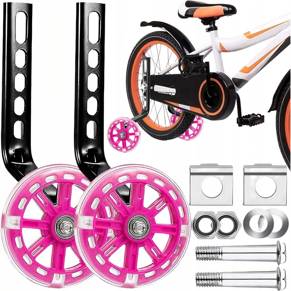 KÓŁKA BOCZNE ROWEROWE PODPOROWE POMOCNICZE TRENINGOWE 12-20' LED RÓŻOWE