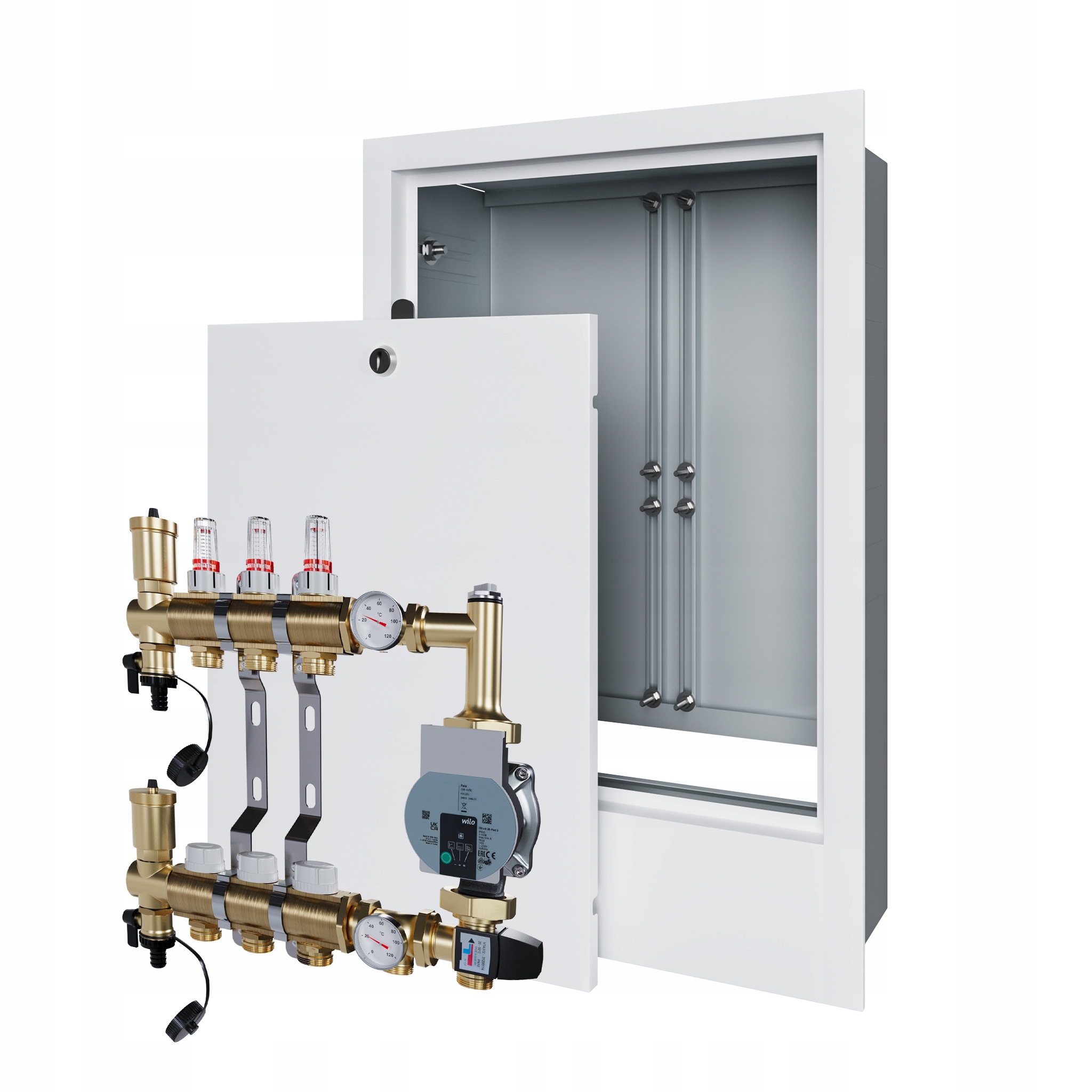 Rozdělovač pro podlahovku 3 s čerpací skupinou Wilo a podomítkovou schránkou