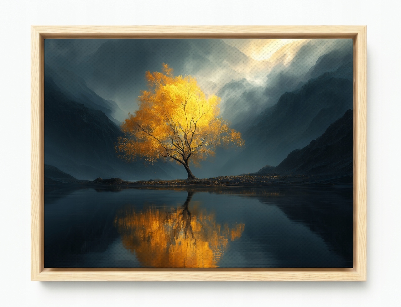 Obraz Rám American Box Zlaté Horské Drevo Jazero Hmla Odraz 80x60